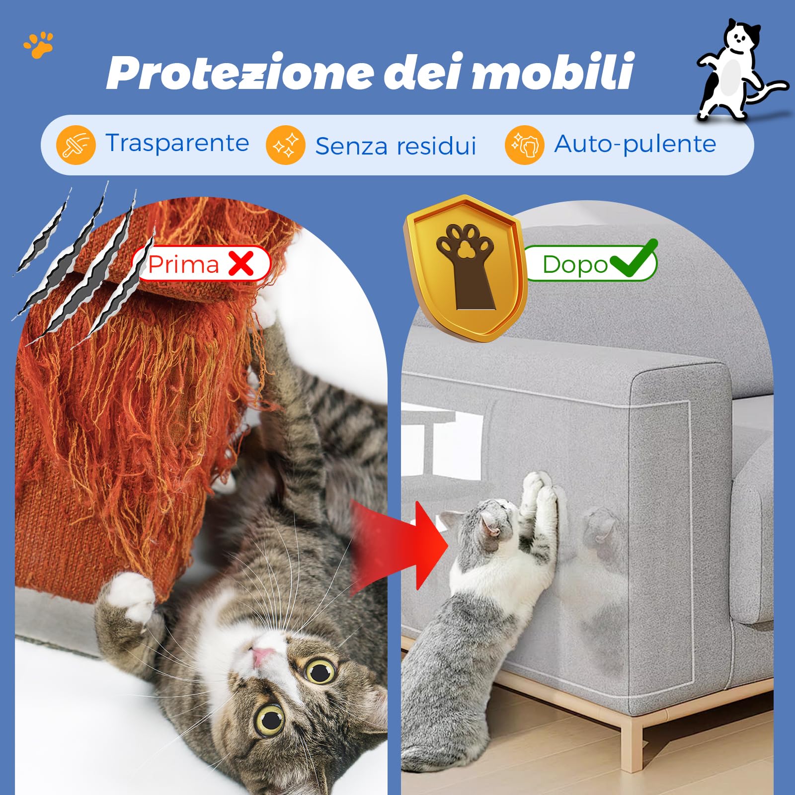 BeSokar Pellicola protettiva per divano, trasparente, antigraffio, per divano, pareti, porte, 500 x 20 cm