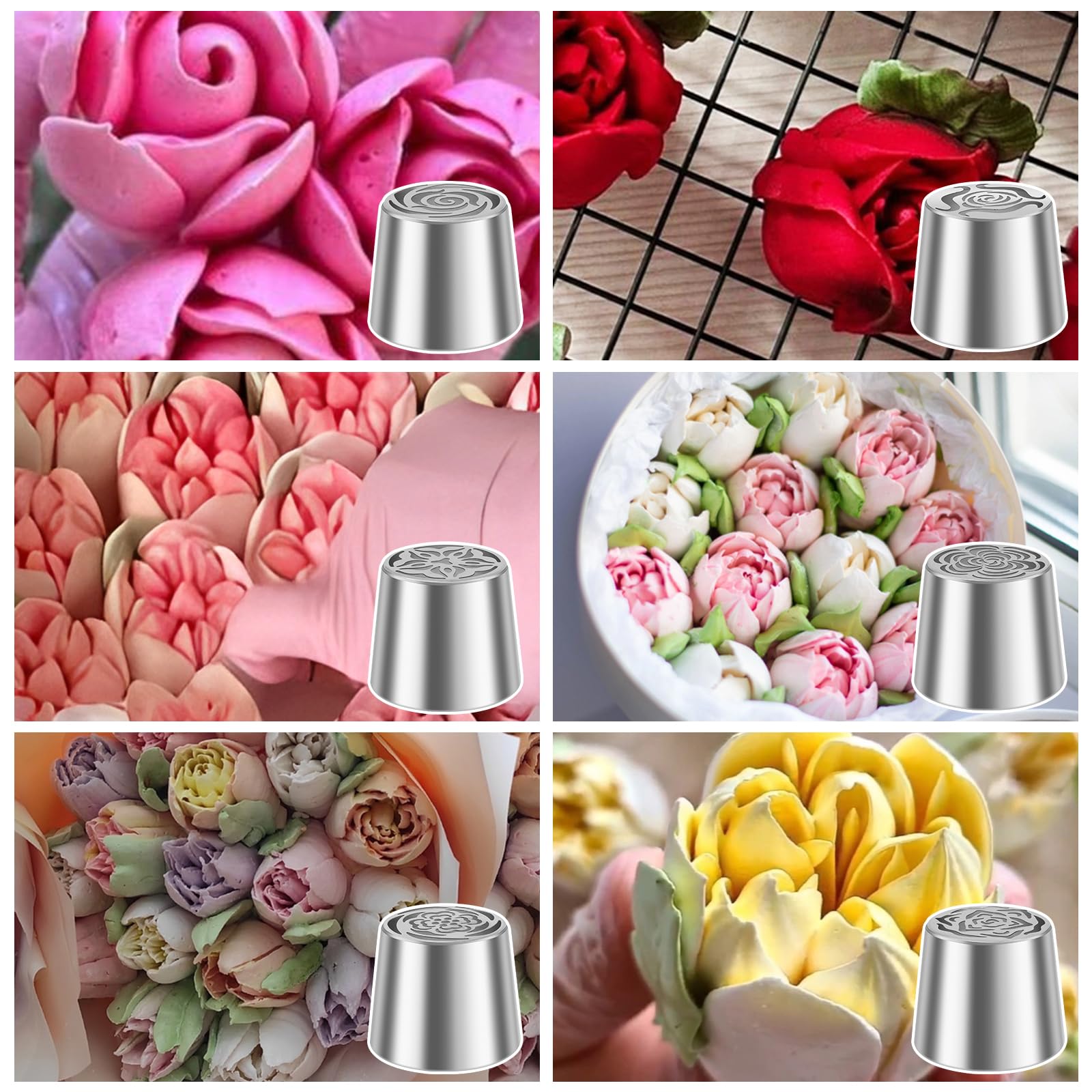 Lot de 6 douilles russes extra larges en acier inoxydable pour décoration de gâteaux, crème glacée, bouquet de fleurs, biscuits