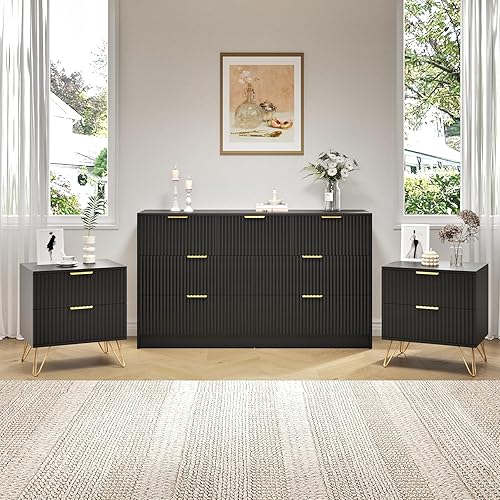 7 Drawer Dresser & Nightstand Set 3PCS, 55” Wide Black Dresser for Bedroom Wooden with Metal Handle, Fluted Modern Bedroom Furniture Set, Black