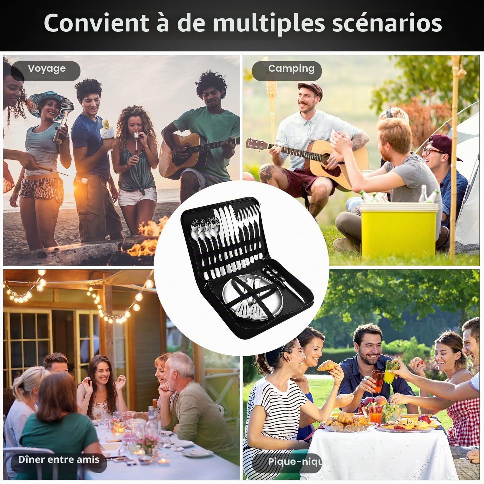 Set de Couverts de Camping pour 4 personnes, Portable Vaisselle Camping Inox pour Randonnée, L'escalade et Plein Air, avec couteau, fourchette, cuillère et assiette dans un sac de transport