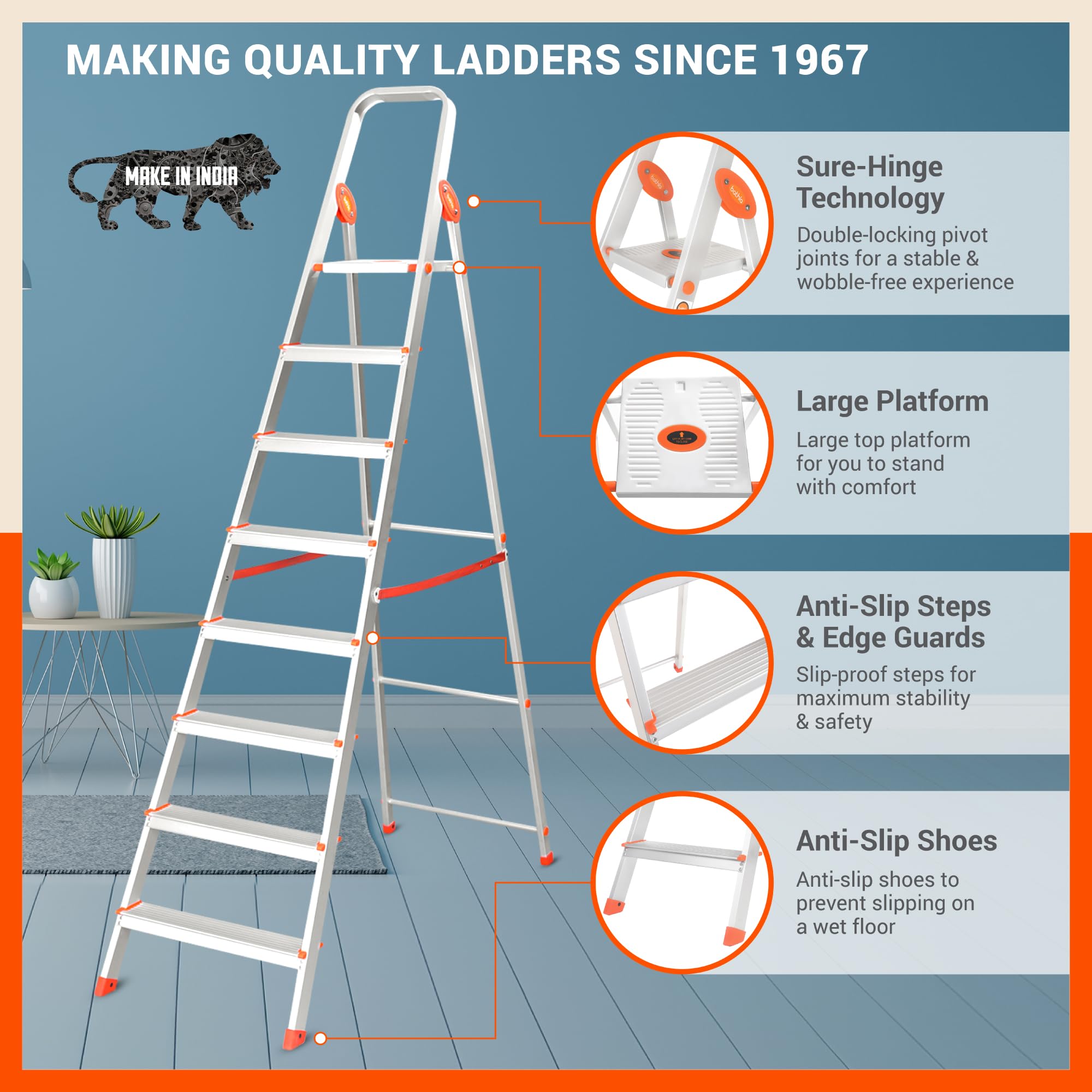 Bathla Advance 8-Step Aluminium Ladder | 150 Kg Load Capacity | Anti-Slip Steps | Sure-Hinge Technology | Home Use Step Ladder | 5 Year Warranty — Amazon image 2