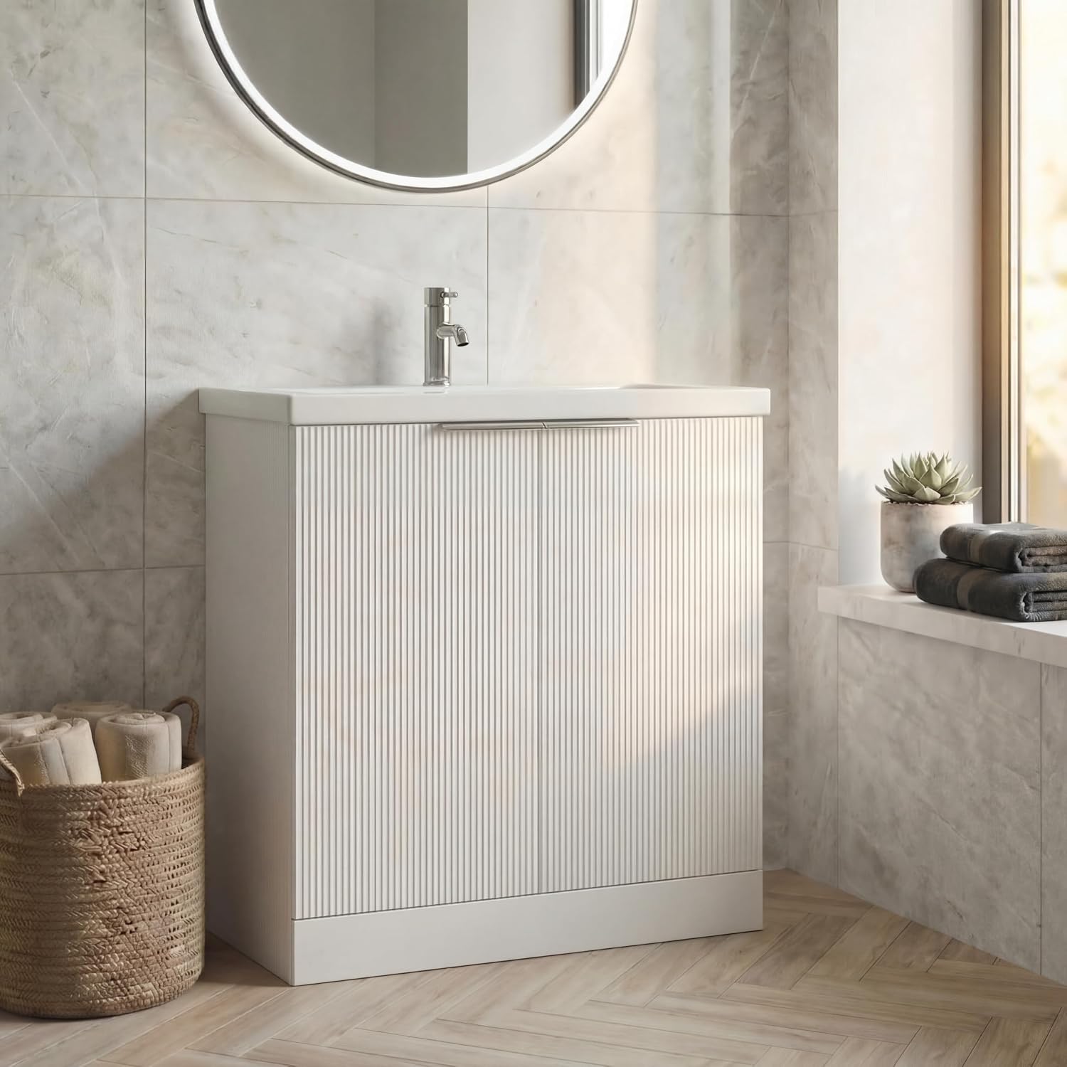 Fluted 800mm Bathroom Vanity Unit Ceramic Wash Sink, Cloakroom Storage Furniture Under Basin Cabinet Floorstanding Cupboard, Matt White