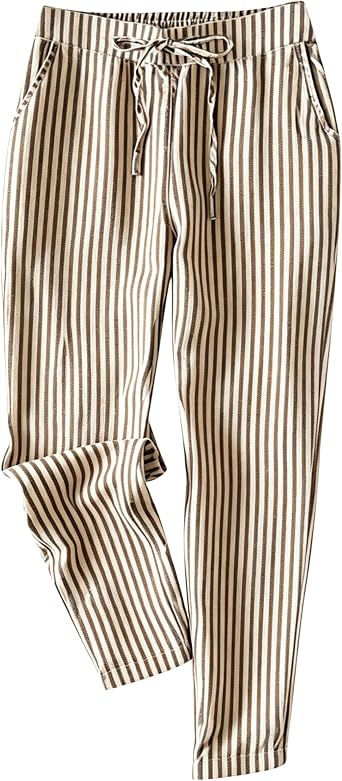 Tanming Womens Striped Pants Summer Casual High Waisted Drawstring Beach Pant Tapered Trousers with Pockets