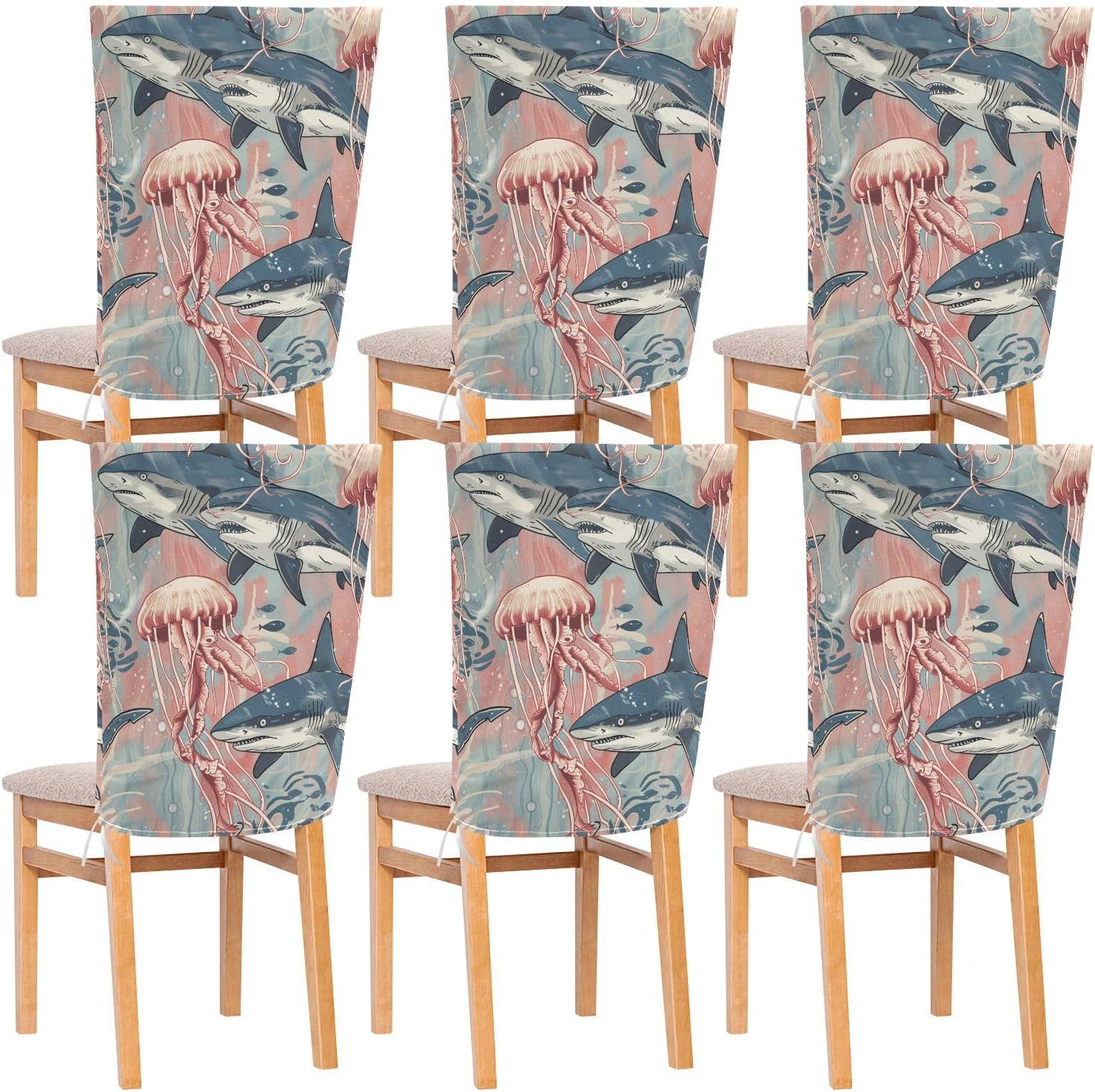 ALAZA Sharks Jellyfish Chair Back Cover Set of 6, Washable Reusable Removable Chair Slipcovers Decorative Chair Cover for Home Kitchen Wedding Party