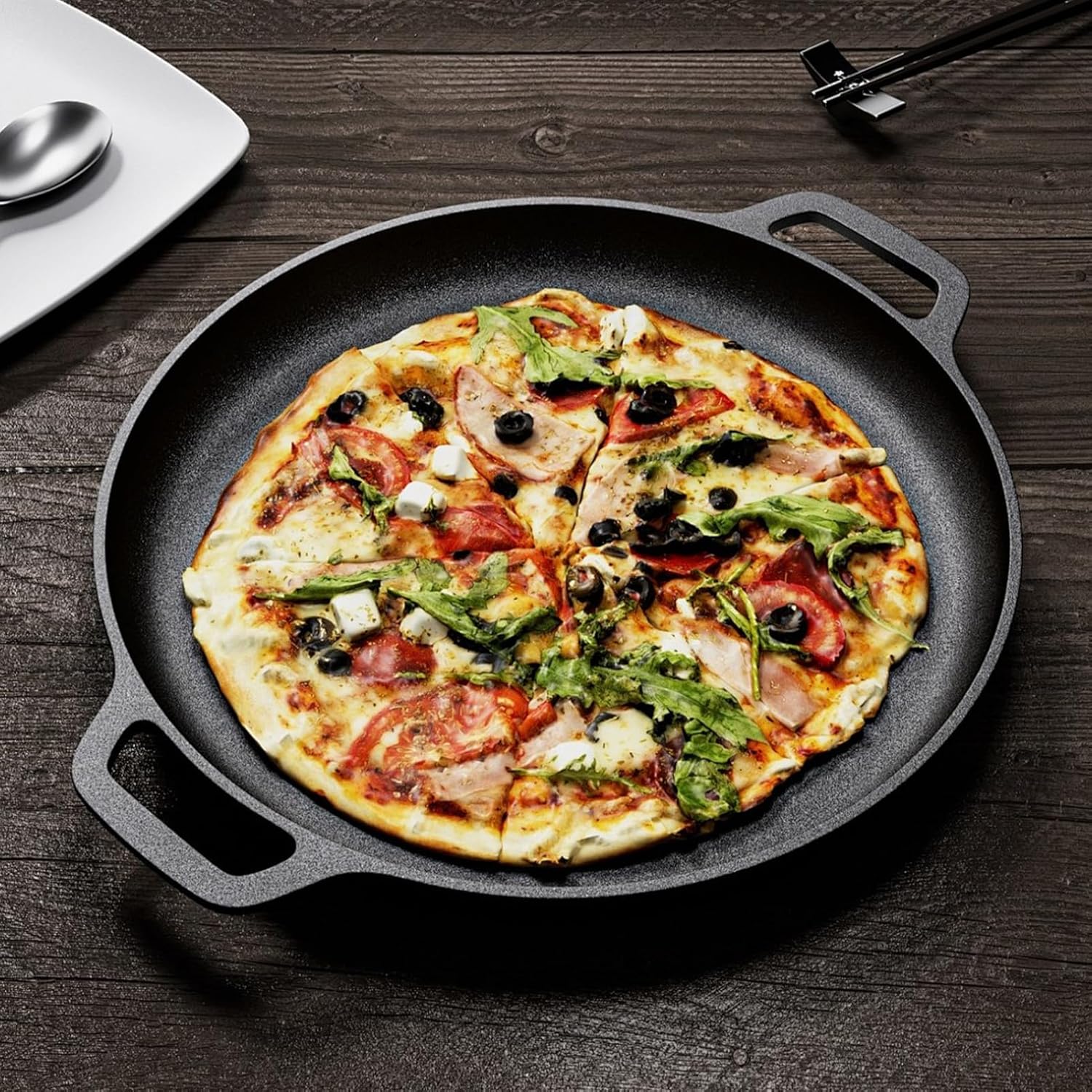 14Inch Cast Iron Griddle, Thickened Double Ears Pizza Pan, Griddle Pan for Stove Top, Gas Grills and Outdoor Cooking, Smooth Polished Surface, Easy to Clean