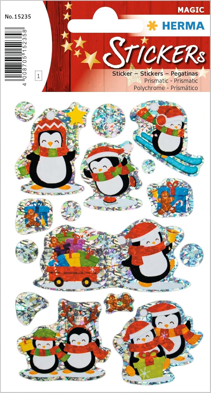 HERMA 15235 Stickers Penguin Glitter Small Large Pack of 8 Christmas Stickers Made of Hologram Foil, Children's Labels for Christmas Decoration Gifts Advent Calendar Winter Decoration Scrapbooking DIY