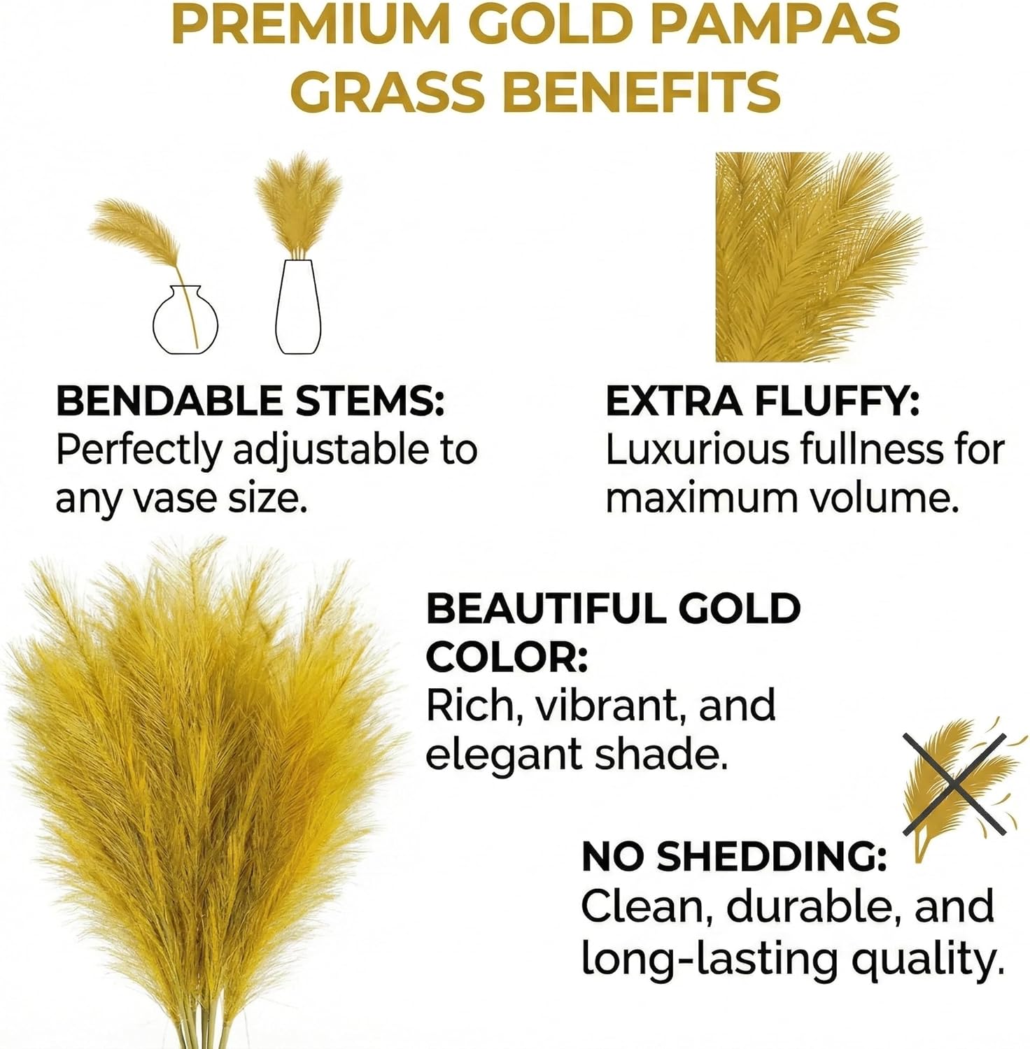 Gold Pampas Grass Decor Living Room Holiday Decor, Home Accent Decor, Gold Feathers Floral Picks, Faux Pampas Grass Tall Large Fluffy, 3 Stems x 115cm/45in