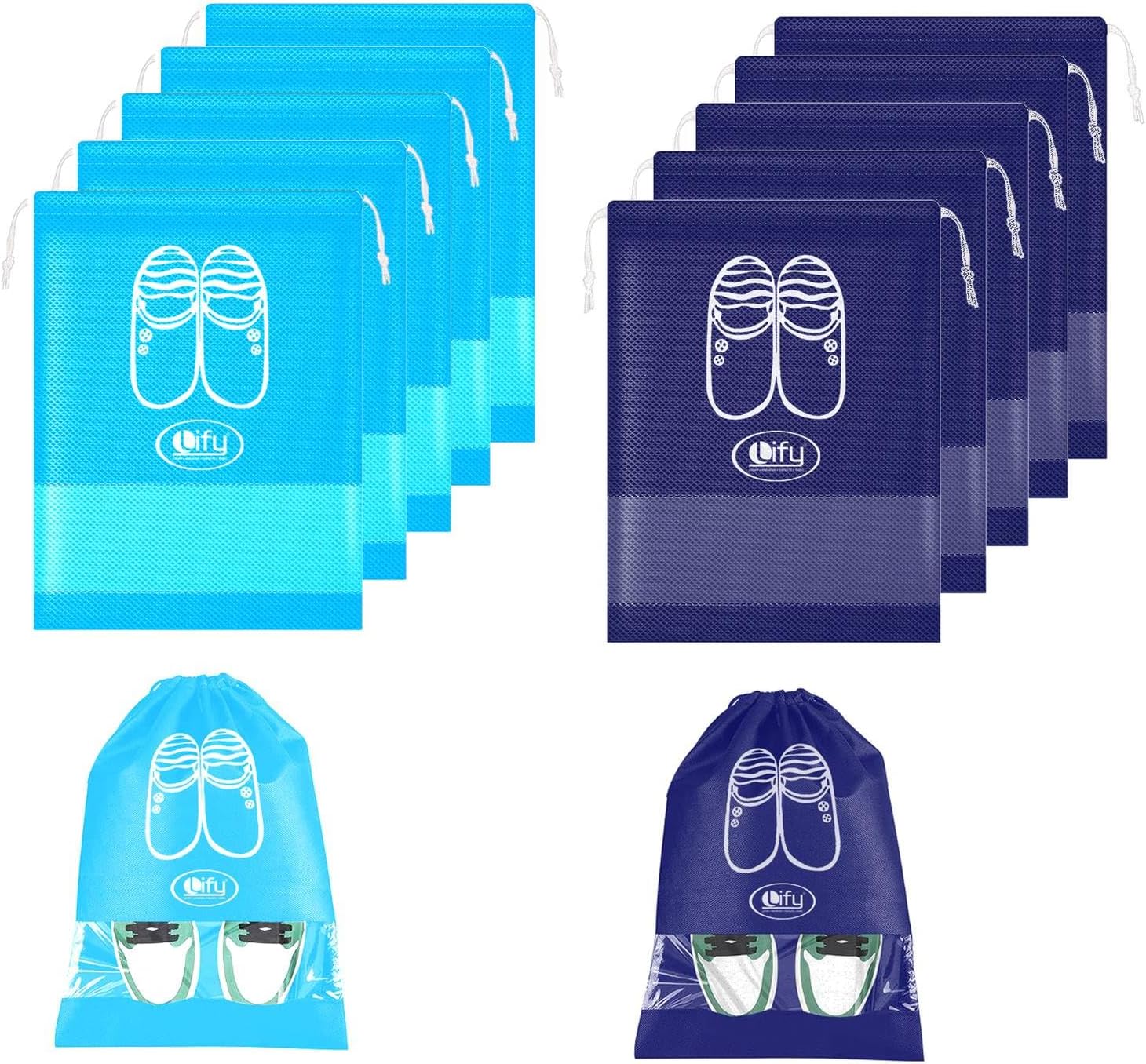 Travel Shoe Bags, Portable Travel Shoe Tote Bags - Packing Organizers for Men and Women- Aqua Blue (6 Pcs) + Navy Blue (6 Pcs) - 12 Piece Pack