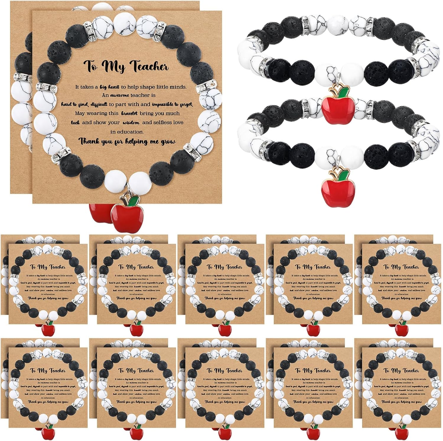 Huquary 24 Sets Teacher Bracelets Appreciation Gifts with Cards Neutral Stone Bracelets Bulk Thank You Helping Me Grow Apple Elastic Beaded Jewelry for Teachers' Day Graduation Retirement Party