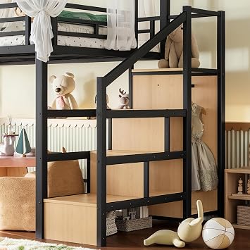 Bellemave Full Loft Bed with Storage Stairs & Wardrobe, Metal Loft Bed with Canopy Frame for Adults Teens, Heavy Duty Full Size Loft Bed Frame, No Box Spring Needed, Black Natural