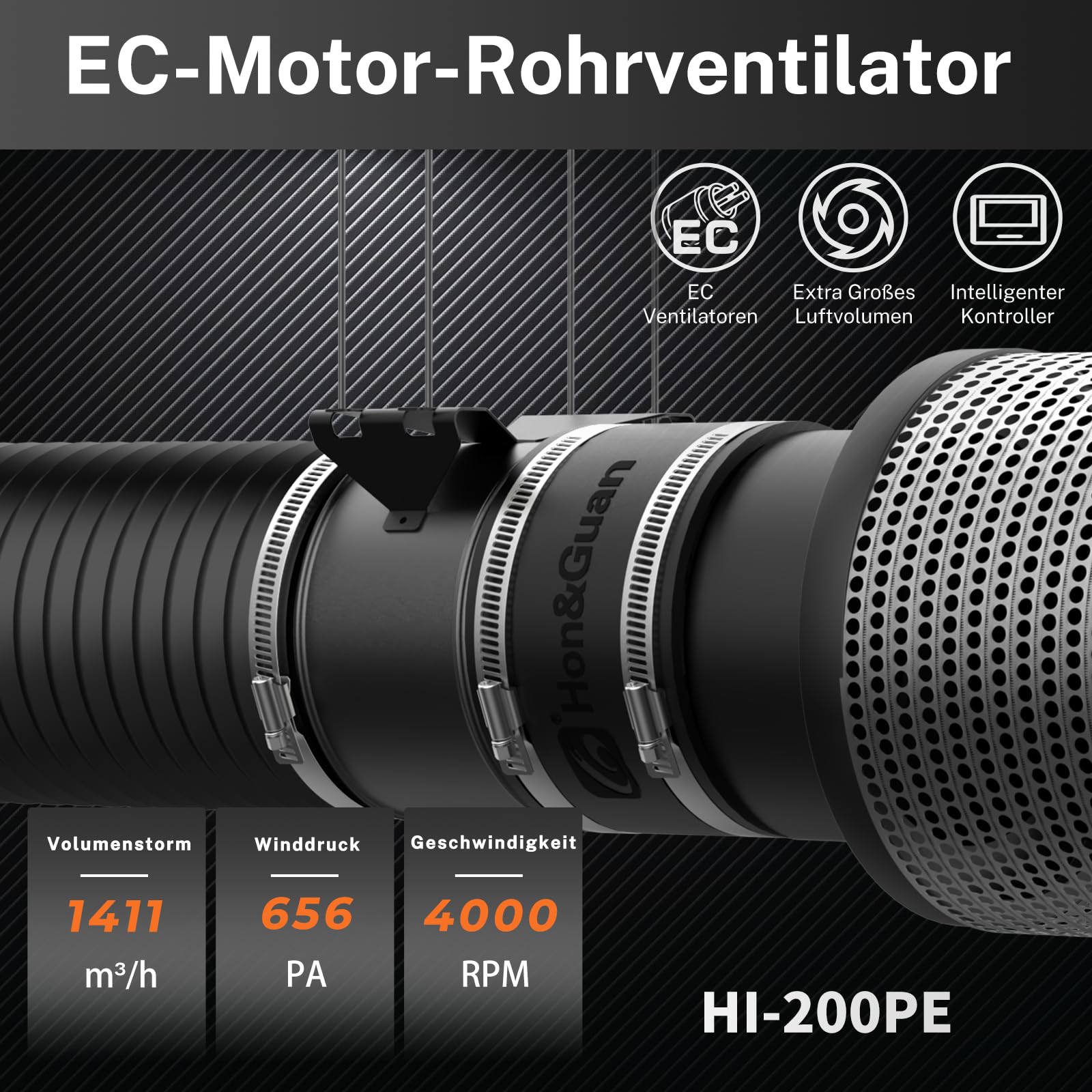 Hon&Guan Ventilatore tubolare EC, 200 mm, con regolatore di temperatura e umidità, 1411 m³/h, con spina europea, per tenda di crescita, filtro ai carboni attivi HVAC