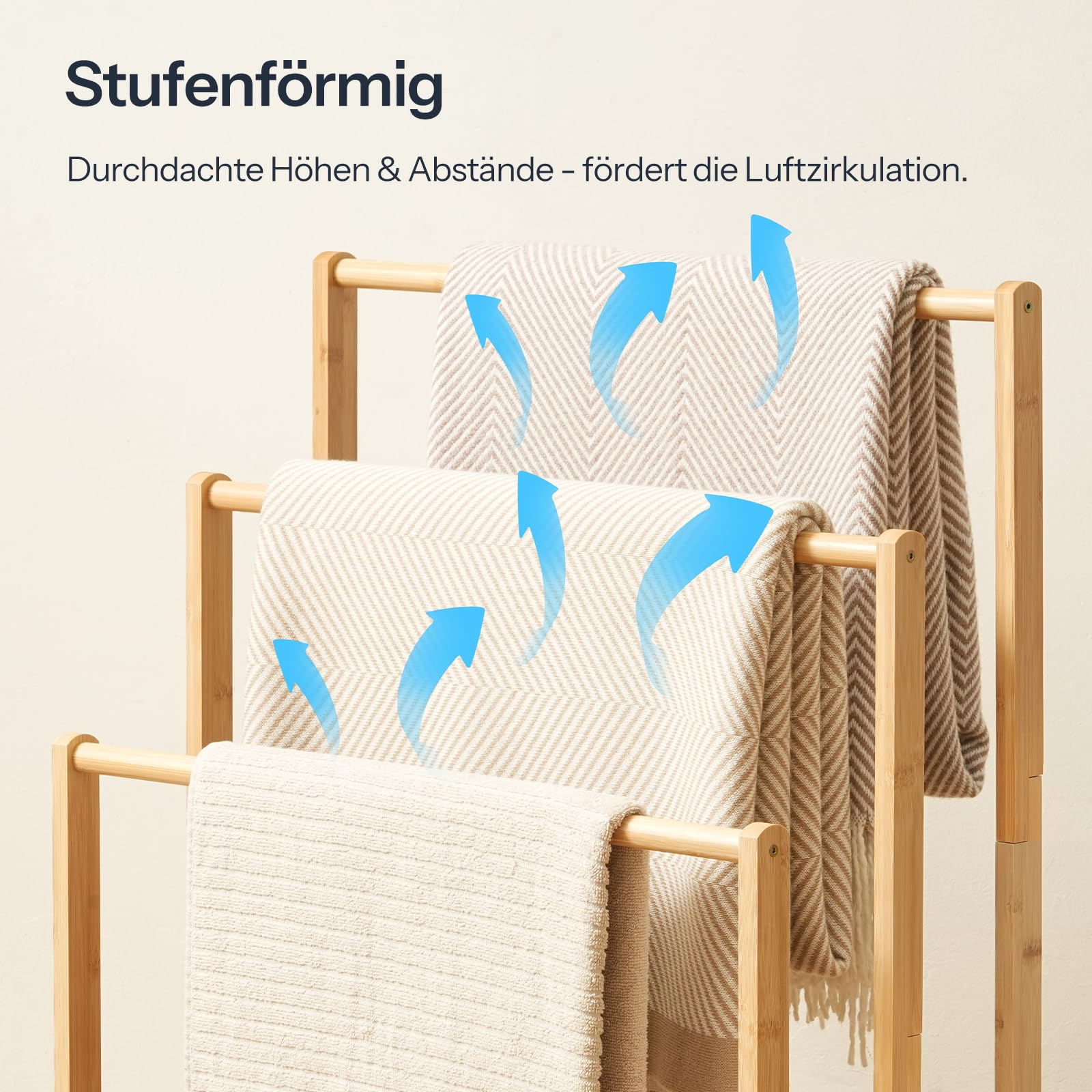 HOOBRO 3-stufige Handtuchleiter, Handtuchständer aus Bambus, Handtuchhalter mit Ablage, 3 Stangen, gestuftes Ausstellungs- und Lagerregal, Deckenhalter für Schlafzimmer, Badezimmer, Natur EYL03LB01G1