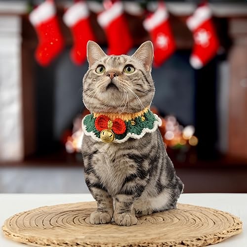 Miniatura 10 de Lindo collar de gato hecho a mano de ganchillo babero para gato y perro, adorable colección de disfraces de mascotas ajustable para gatito,