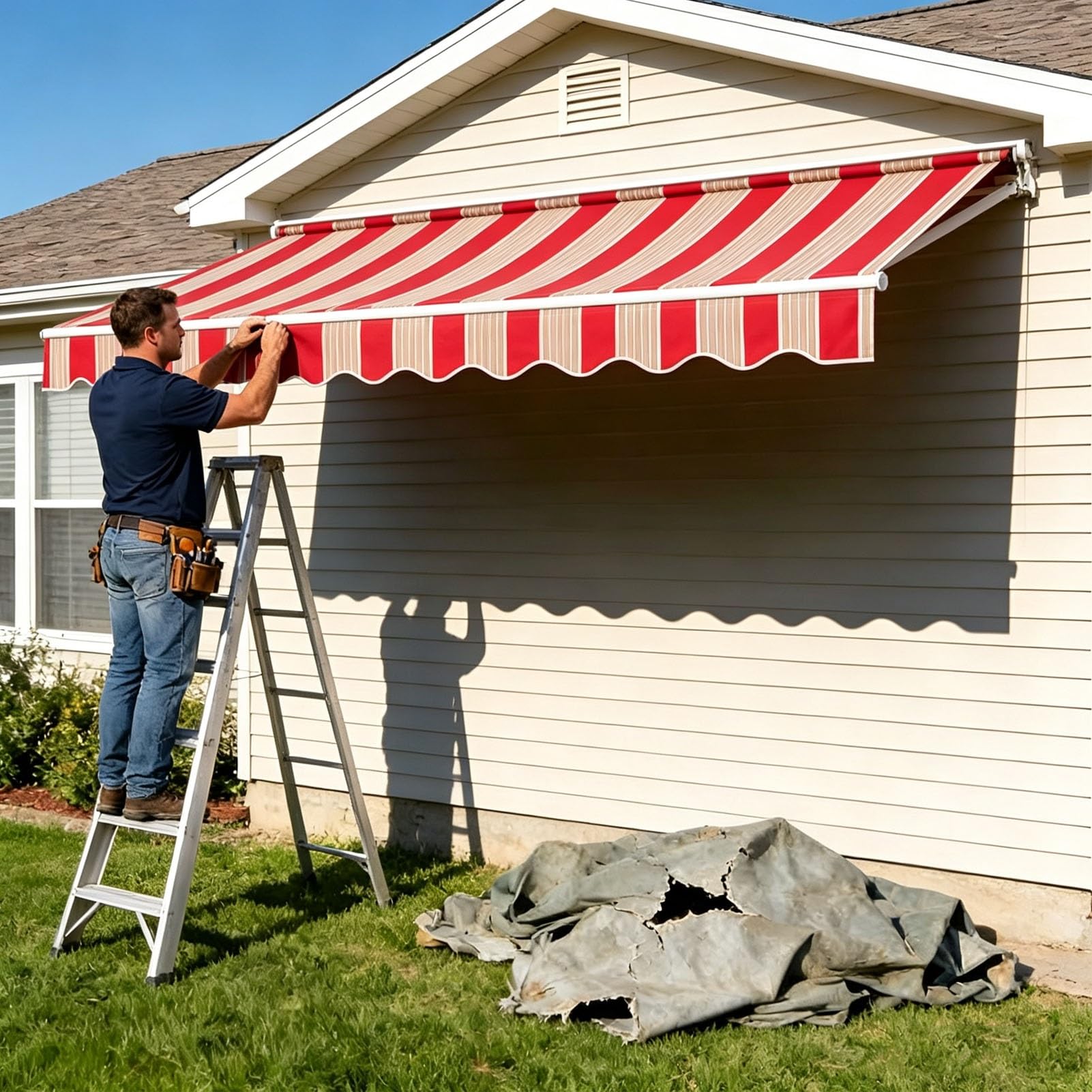 Wymienny materiał na daszek markizy tarasowej | Tkanina na daszek parasola Stripes, wodoodporna, z filtrem UV, poliester 310 g, sklepu restauracji(285x200cm/9.5x6.5ft)