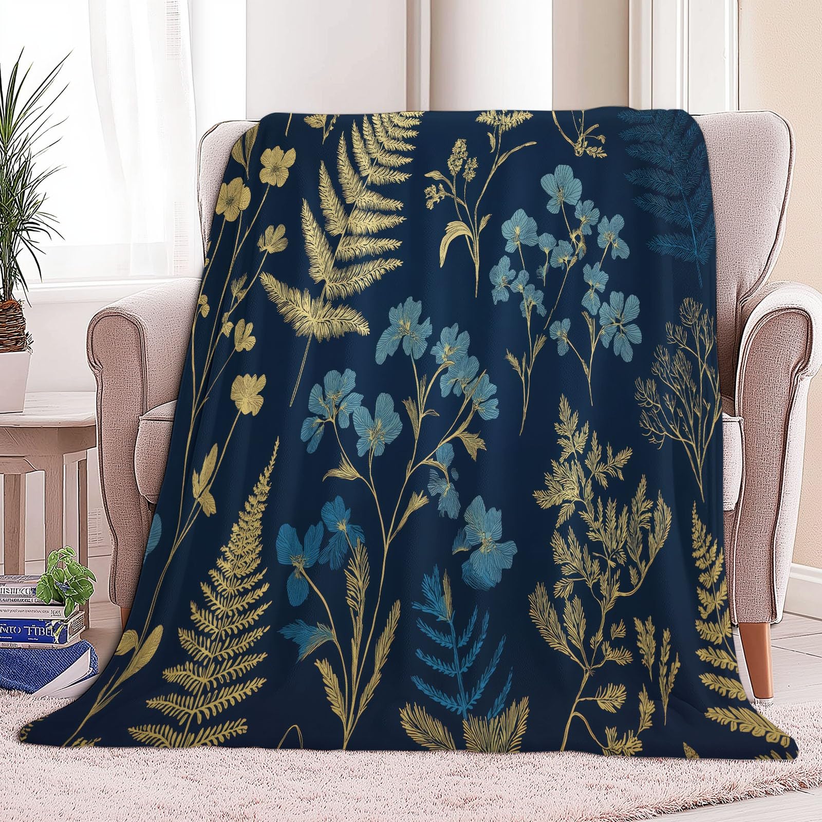 Coperta in flanella con fiori selvatici e felci, 150 x 200 cm, coperte in pile in microfibra pile per tutte le stagioni, per viaggi, divano per bambini, adulti, blu navy