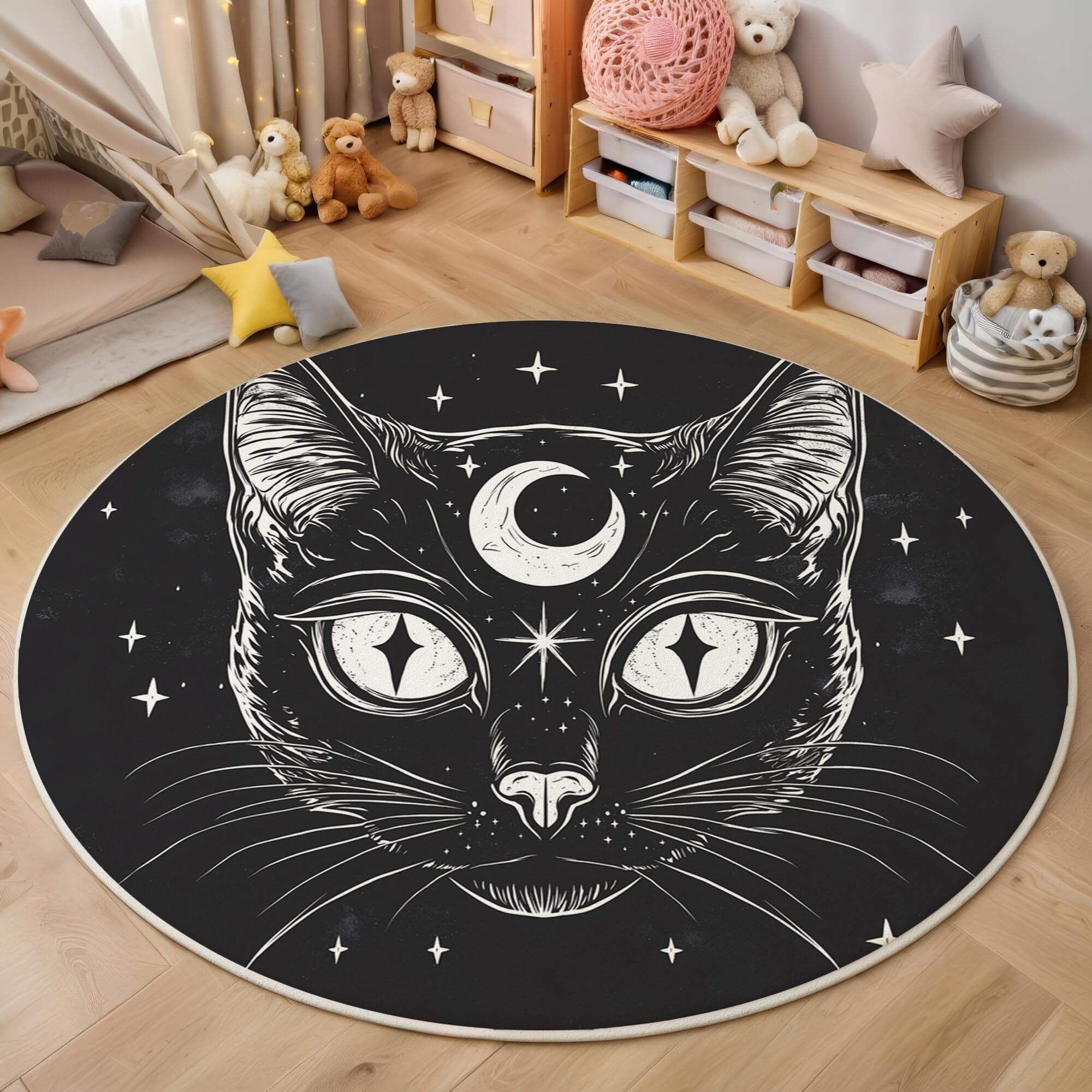 Tapis Rond,Impression Chat Noir De La Lune Décoration Antidérapant Animaux Punk pour Bureau Salon Chambre Cuisine Balcon Terrasse Salle Manger Intérieur Extérieur,Noir Et Blanc 120Cm