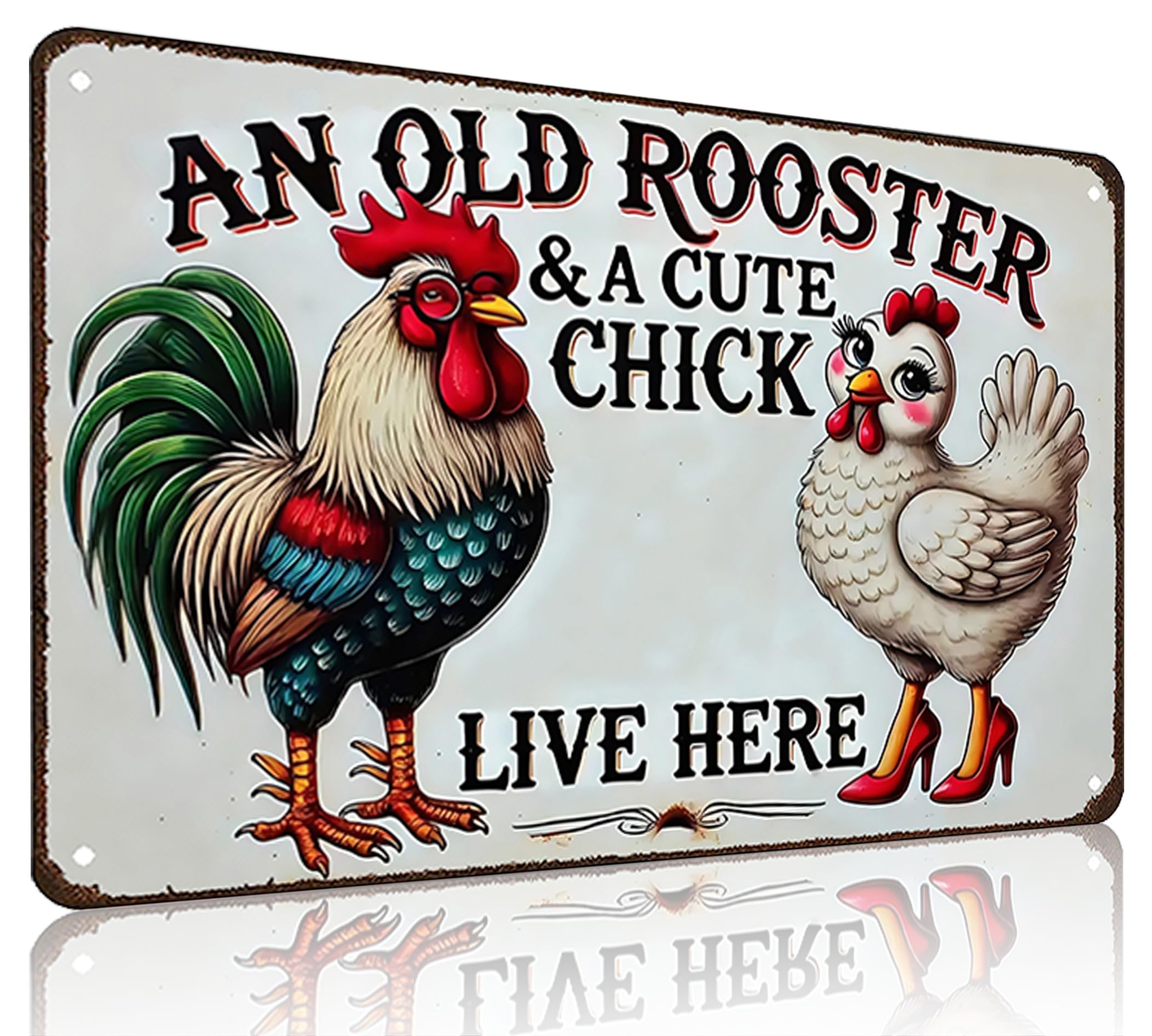 Photo 1 of Smilelife Funny Gifts for Women Chicken Lovers Farm Enthusiasts An Old Rooster And A Cute Chick Live Here Chicken Tin Sign for Chicken Coop Farm Kitchen Garden Yard Decor 8 X 12 Inch (3821)