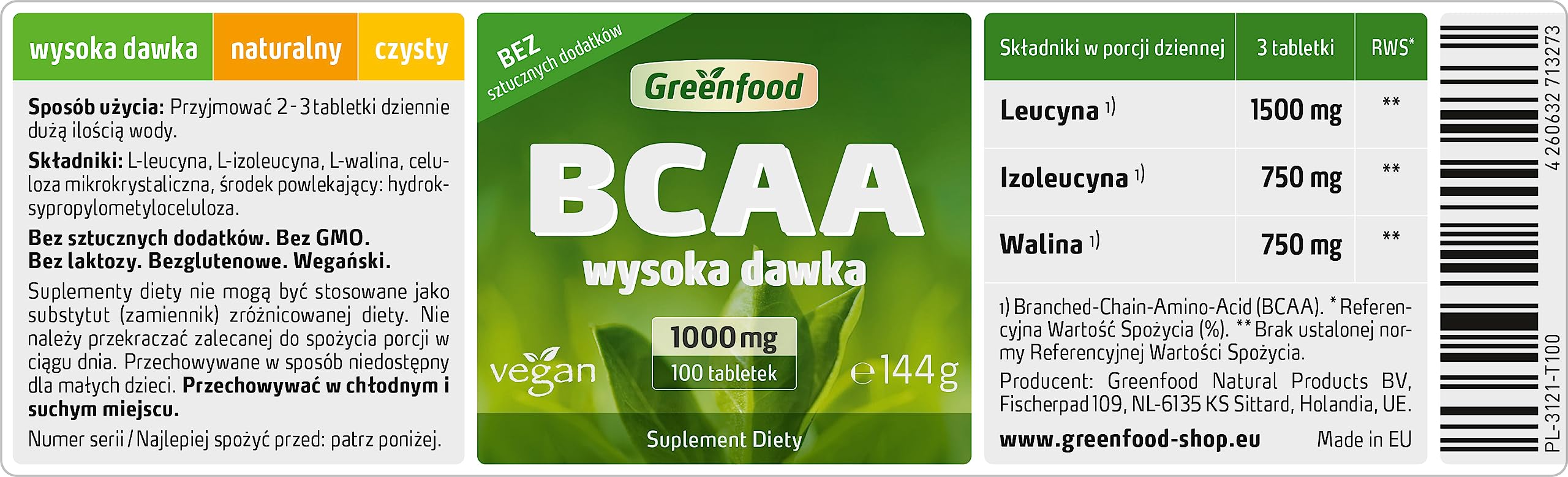 Greenfood BCAA, 1000 mg, duża dawka, 100 tabletek, wegańskie. Bez sztucznych dodatków. Bez technologii genetycznej.