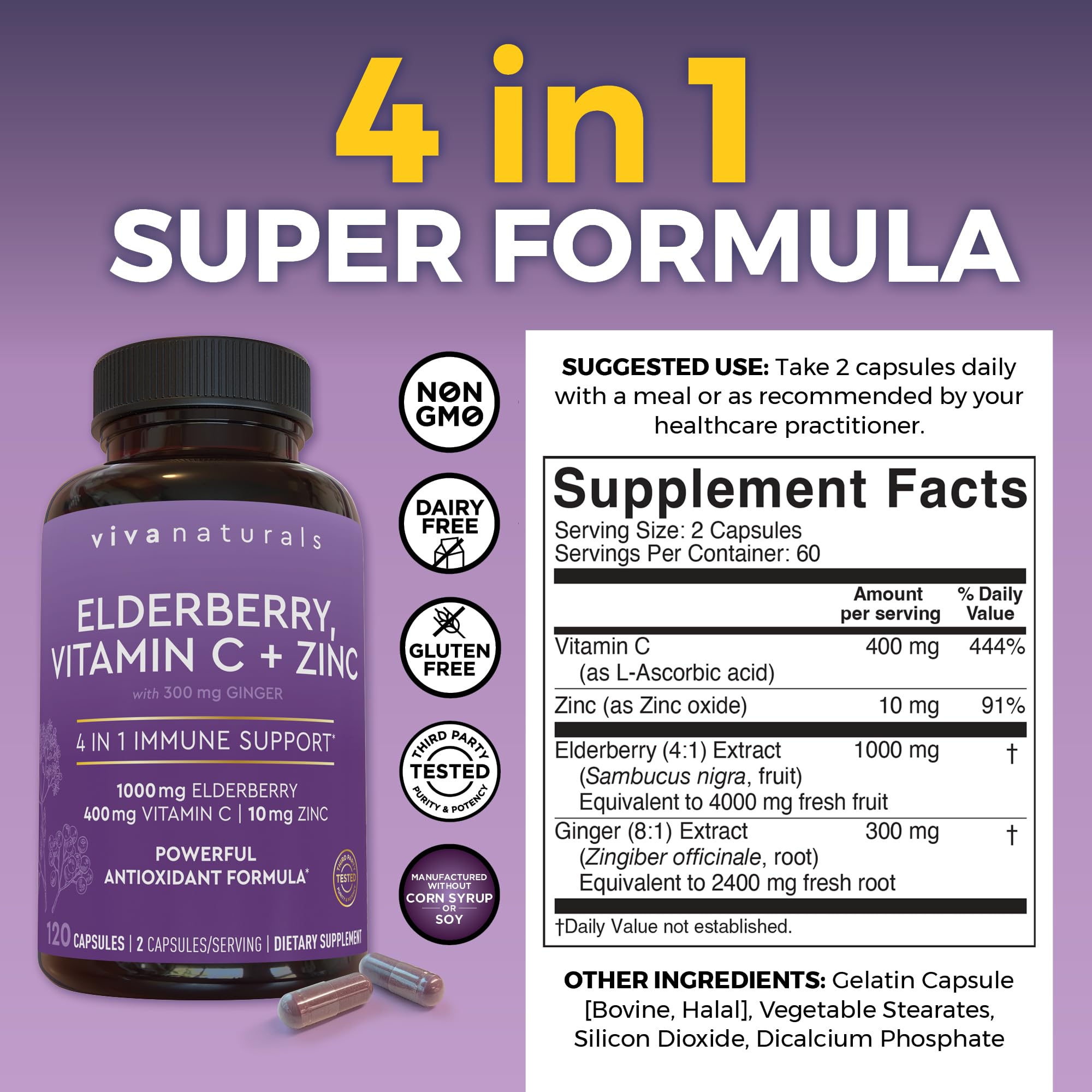 Viva Naturals Elderberry with Vitamin C and Zinc, 120 Capsules - 1000mg Sambucus Elderberry per Serving Immune Support Supplement, Black Elderberry Capsules for Adults, Elderberry Vitamins — Amazon image 2