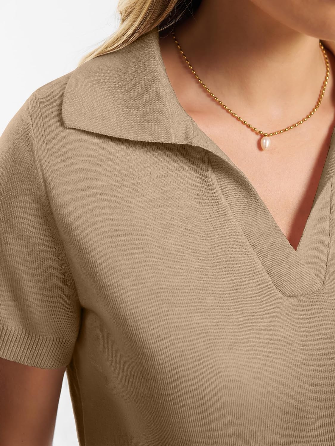 ANRABESS Women Short Sleeve Sweater Wool Blend Polo V Neck Shirts Summer Dressy Top Business Casual Spring Vacation Clothes - Image 5