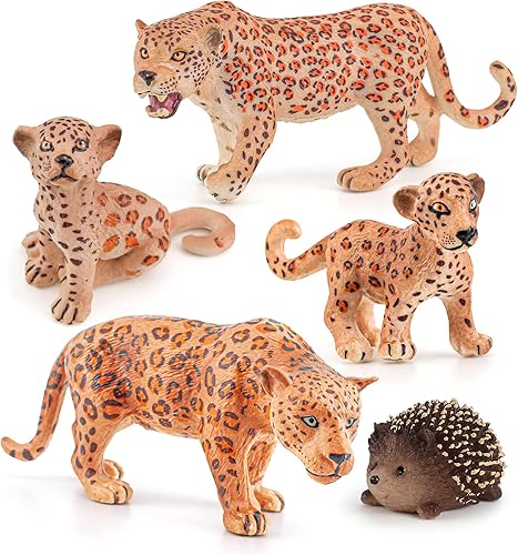 Figura de pantera de leopardo, 5 piezas de juguetes realistas de guepardo, figura de leopardo bebé, figura de erizo, coleccionable para niños y