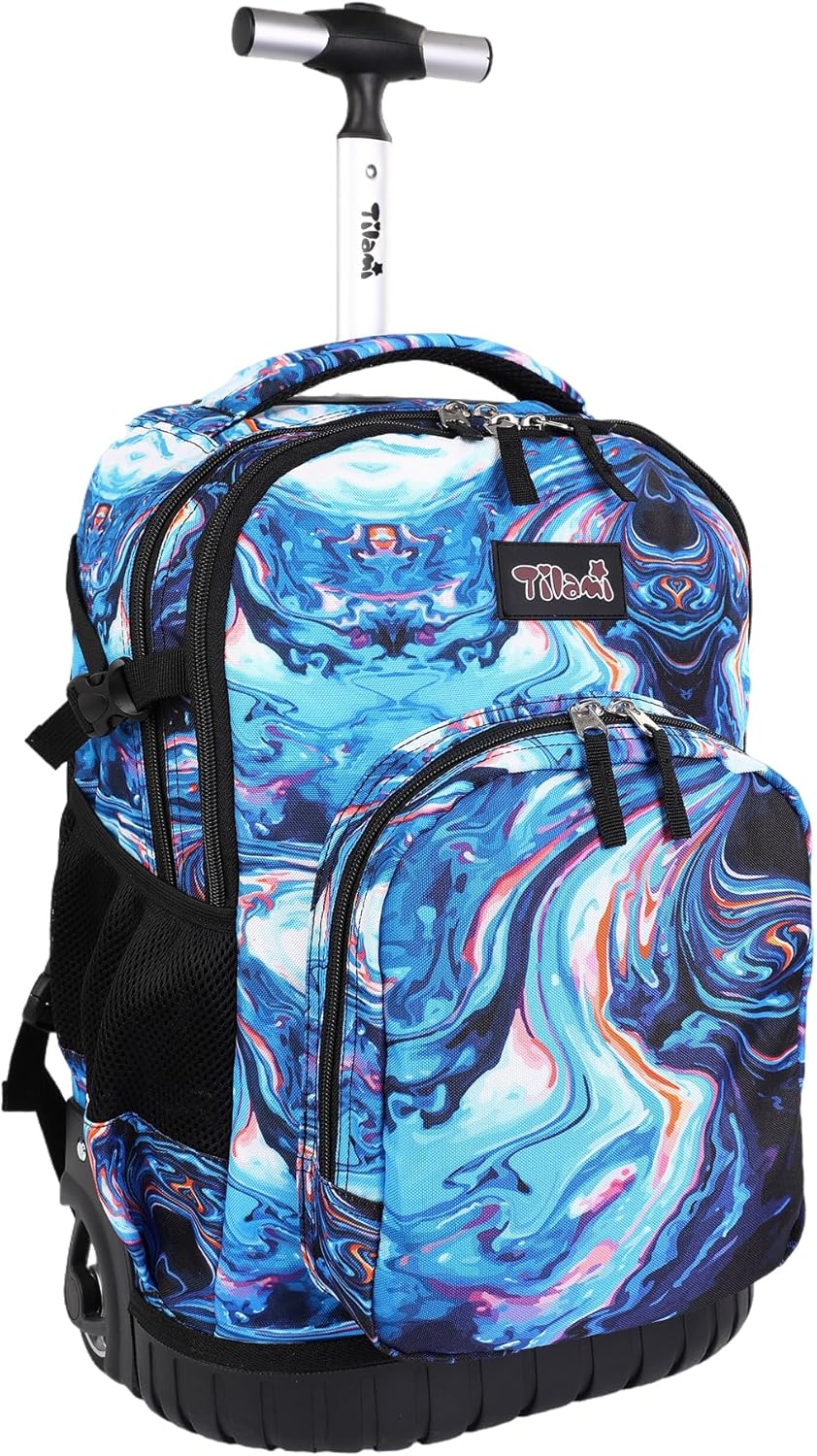 Tilami Rolling Backpack, 18 inch Shoulder Drop, Concealed Pockets and Wheel Cover, Laptop Backpack for Boys and Girls, Painting Blue