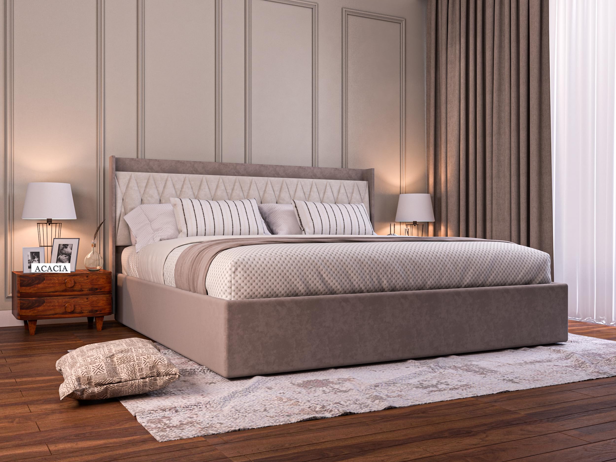 Acacia Modern Upholstered King Size Bed with Box Storage for Bedroom | Wooden Double Bed with Storage | Platform Cot Bed with Upholstery Premium Fabric | 6.5 x 6 Ft | Sheesham Solid Wood (Brown)