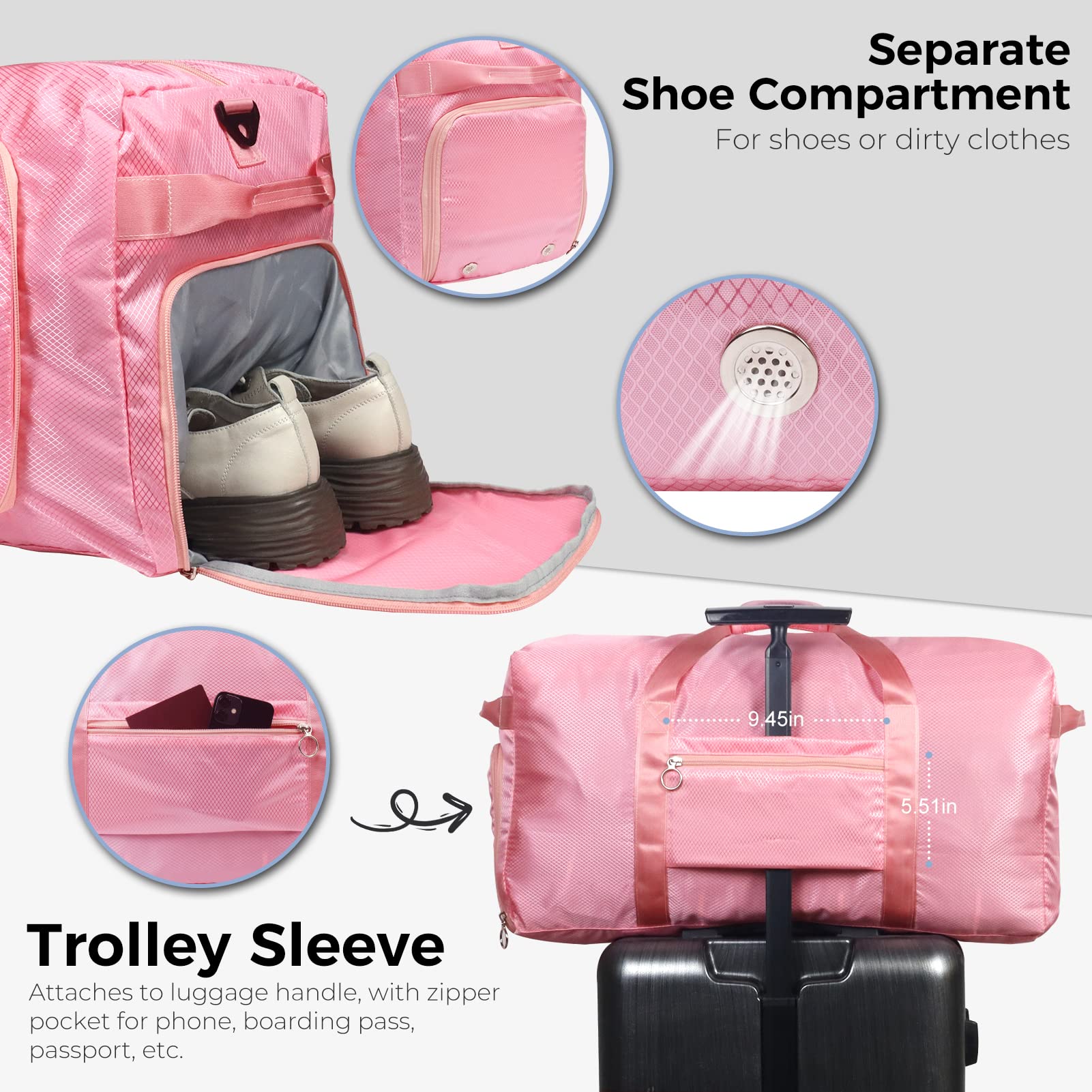 Fmeida 65L Borsone da Viaggio Unisex Adulto, Grande Borsone Palestra con Scomparto per Scarpe e Tracolla, Impermeabile Duffel Bag Borsa