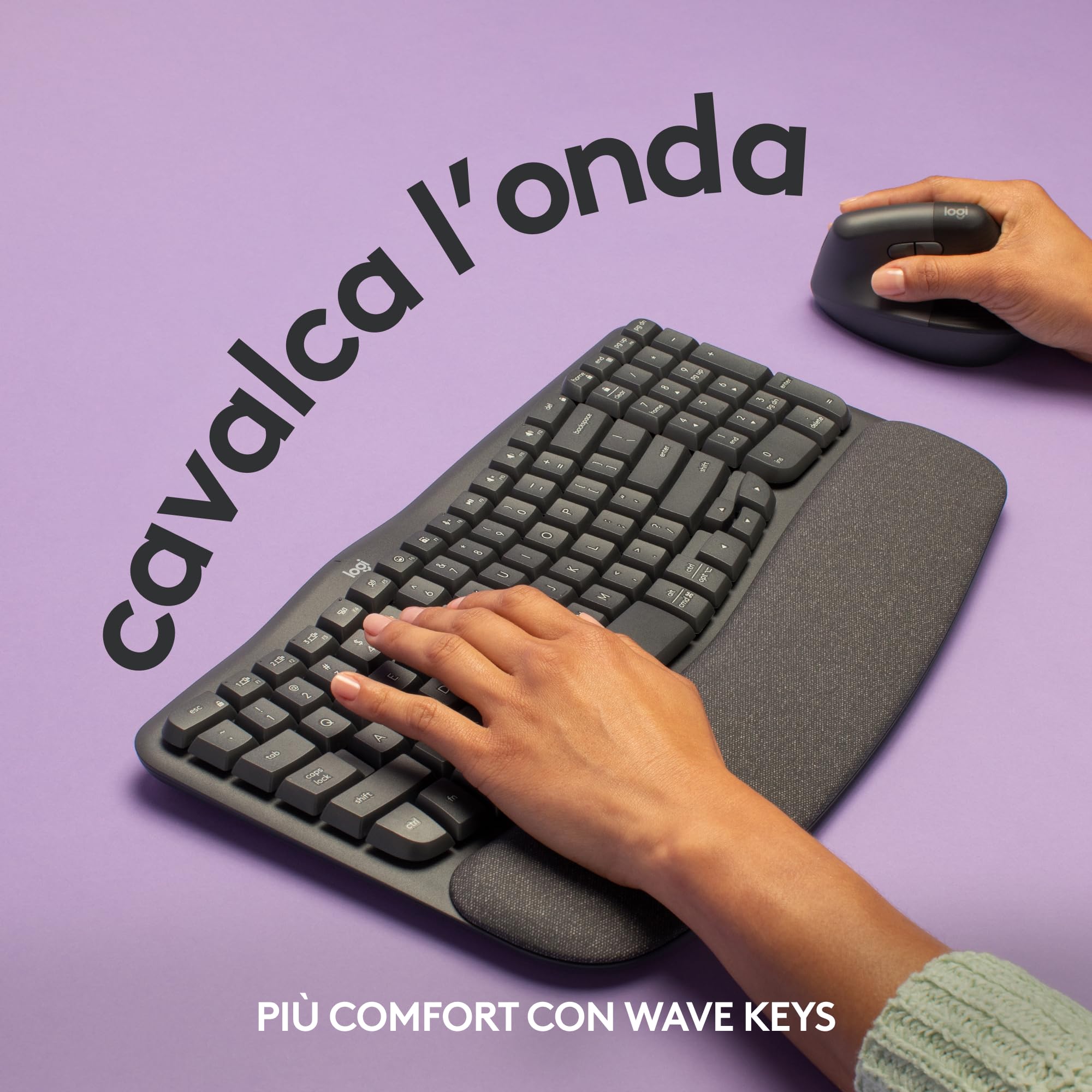 Logitech Wave Keys Tastiera Wireless Ergonomica con Supporto per i Polsi Imbottito & Desk Mat - Studio Series, Multifunzione, Tappetino per Mouse Esteso