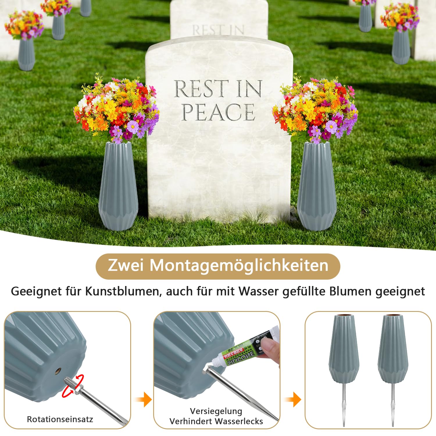 Wazon nagrobny z kołkiem ziemnym 2szt. Wazony nagrobne do wbijania Wazon cmentarny Wkładka do grobu Wazon z podstawą Wkładka do grobu Wkładki do grobów z tworzywa sztucznego Wazony cmentarne na