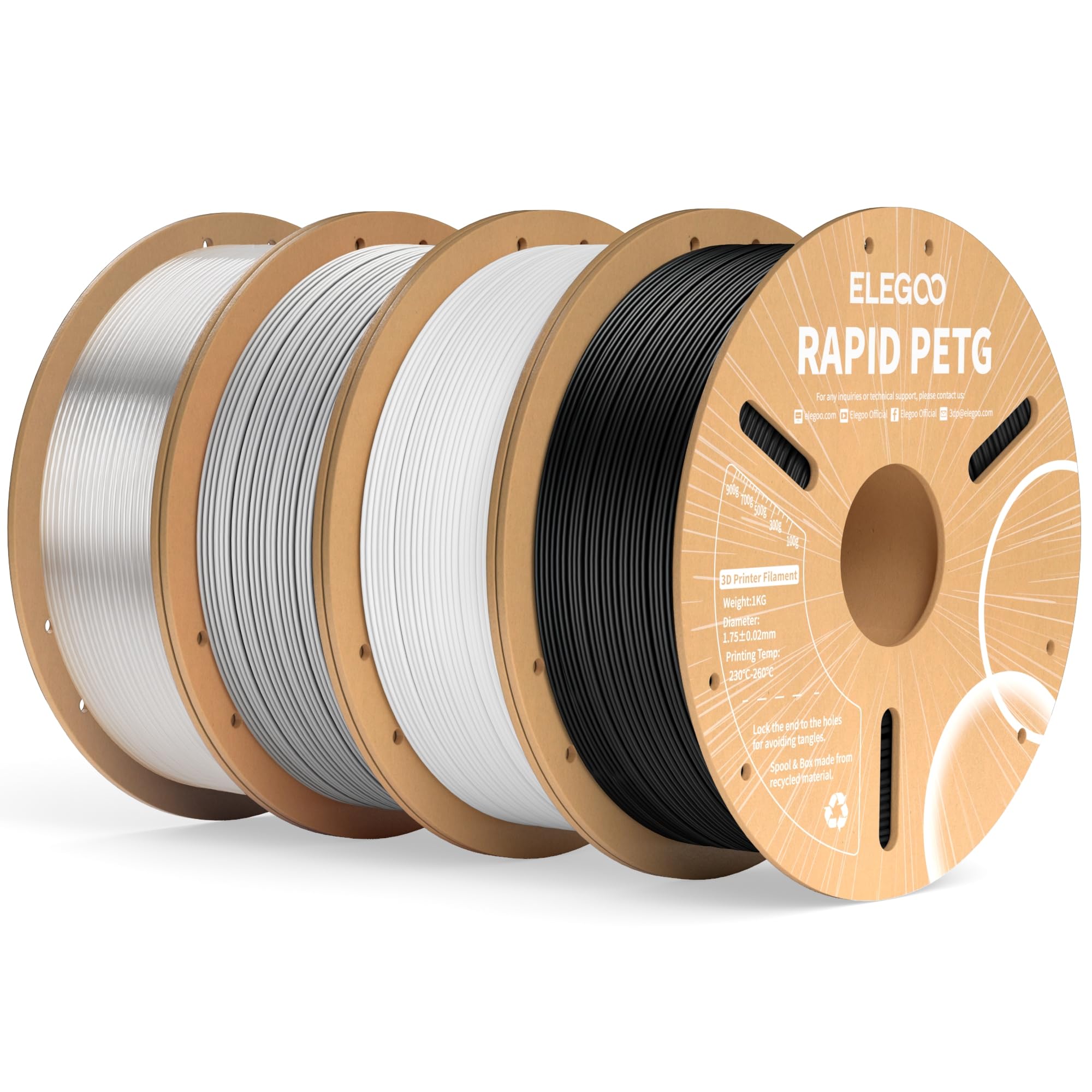 ELEGOO Rapid PETG Filament, 1,75 mm, Bündel, 4 kg, hohe Geschwindigkeit bis zu 600 mm/s, 3D-Drucker-Filament, Genauigkeit +/- 0,02 mm, 1 kg Kartonspule, passend für die meisten FDM-3D-Drucker (Schwarz