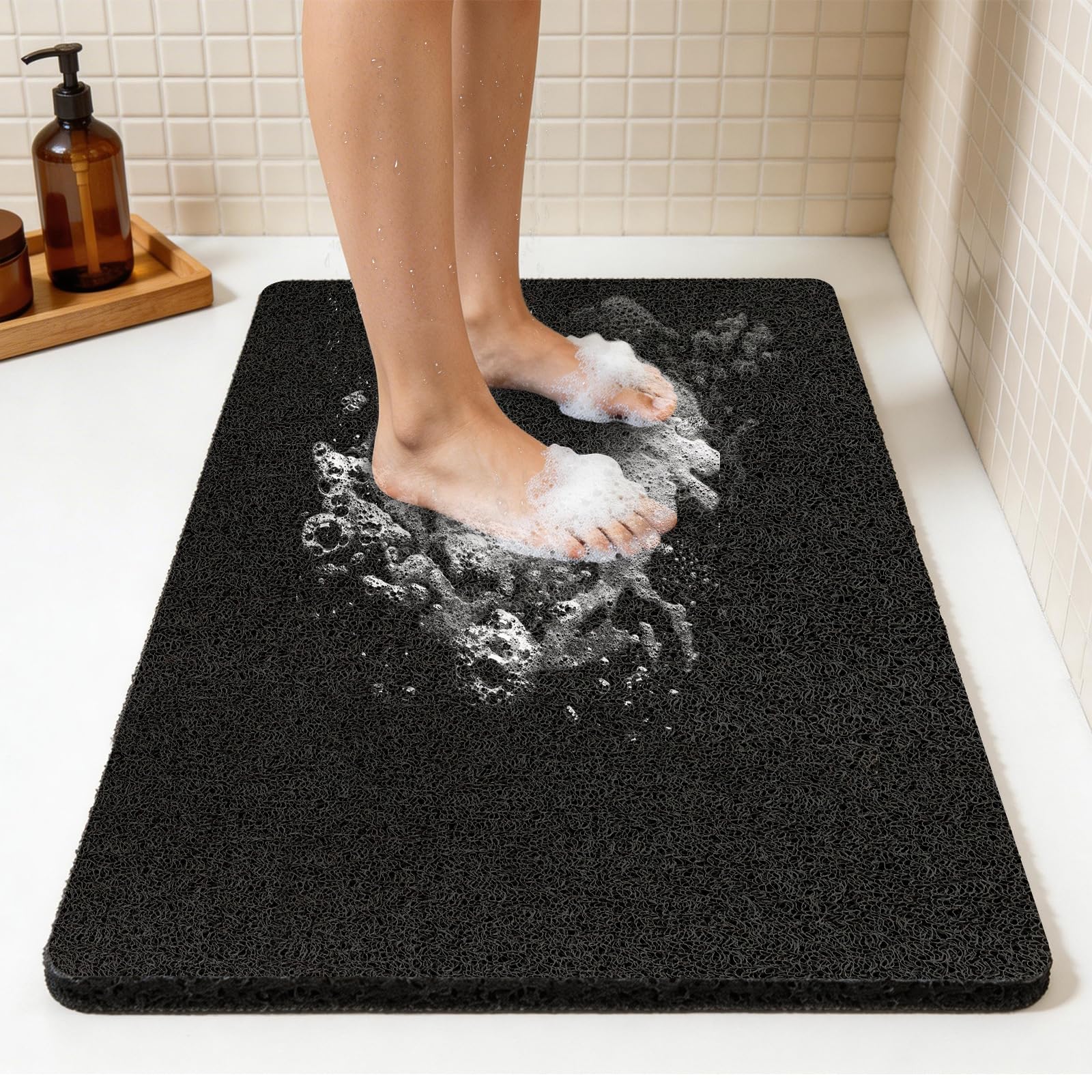 Tapis de douche antidérapant intérieur de douche en luffa noir pour salle de bain