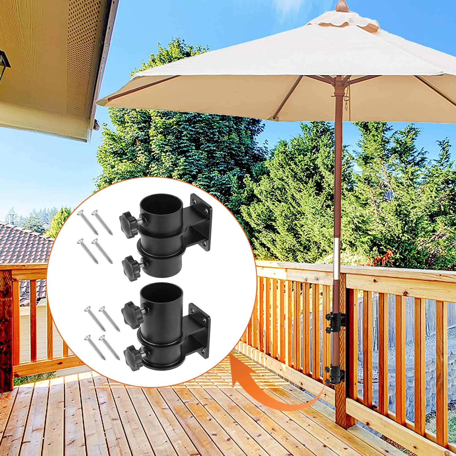 MENAYODA Soporte para sombrilla de terraza, soporte para sombrilla de exterior, soporte ajustable para sombrilla se fija a la barandilla para vallas, balcón o patio, soporte plano (montaje plano)