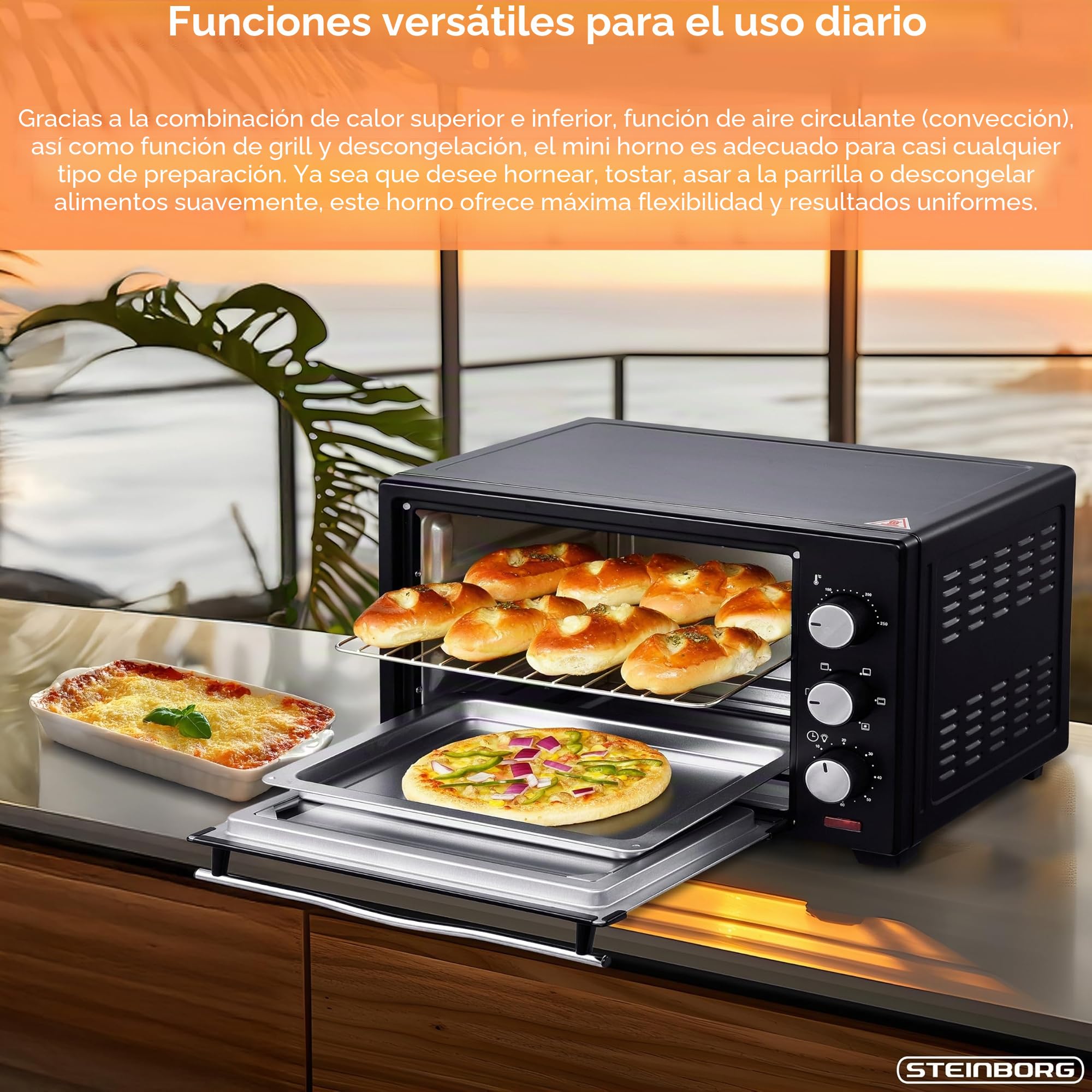 STEInBORG Mini horno 25 litros, horno pizza 3 en 1, 1600 W, convección, temporizador 60 min