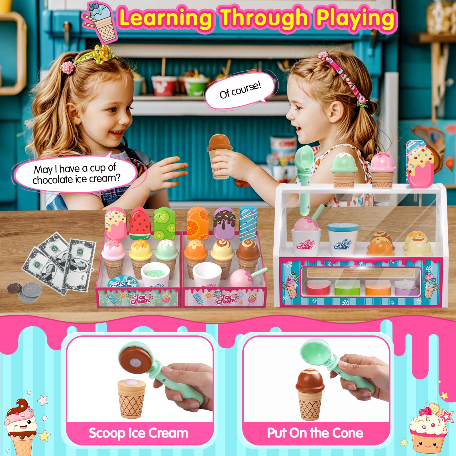 Ice Cream Toys, Wooden Ice Cream Play Set, Pretend Play Toys, 46 Pcs Wooden Play Kitchen Accessories with Menu & Scoop & Menu & Fake Money, Ice Cream Toys for Toddlers 3 4 5 6 Girls Boys Birthday