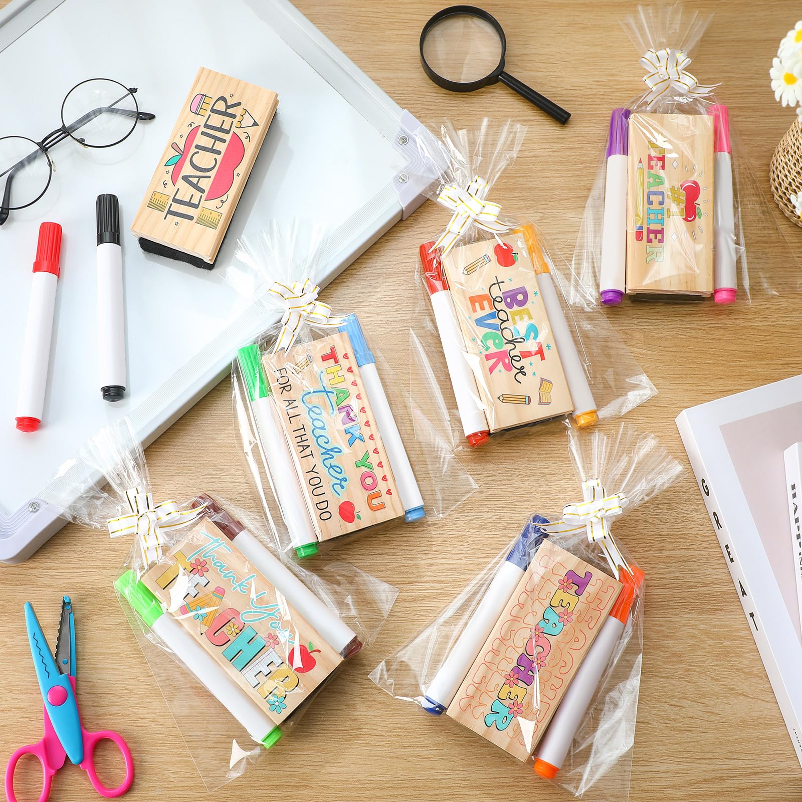 Soulchen 6 Sets Teacher Appreciation Gifts Set Thank You Wood Chalkboard Eraser with 12 Colors Markers and Bags The Best Teacher Inspirational Dry Erase Erasers for Graduation Office School Supplies