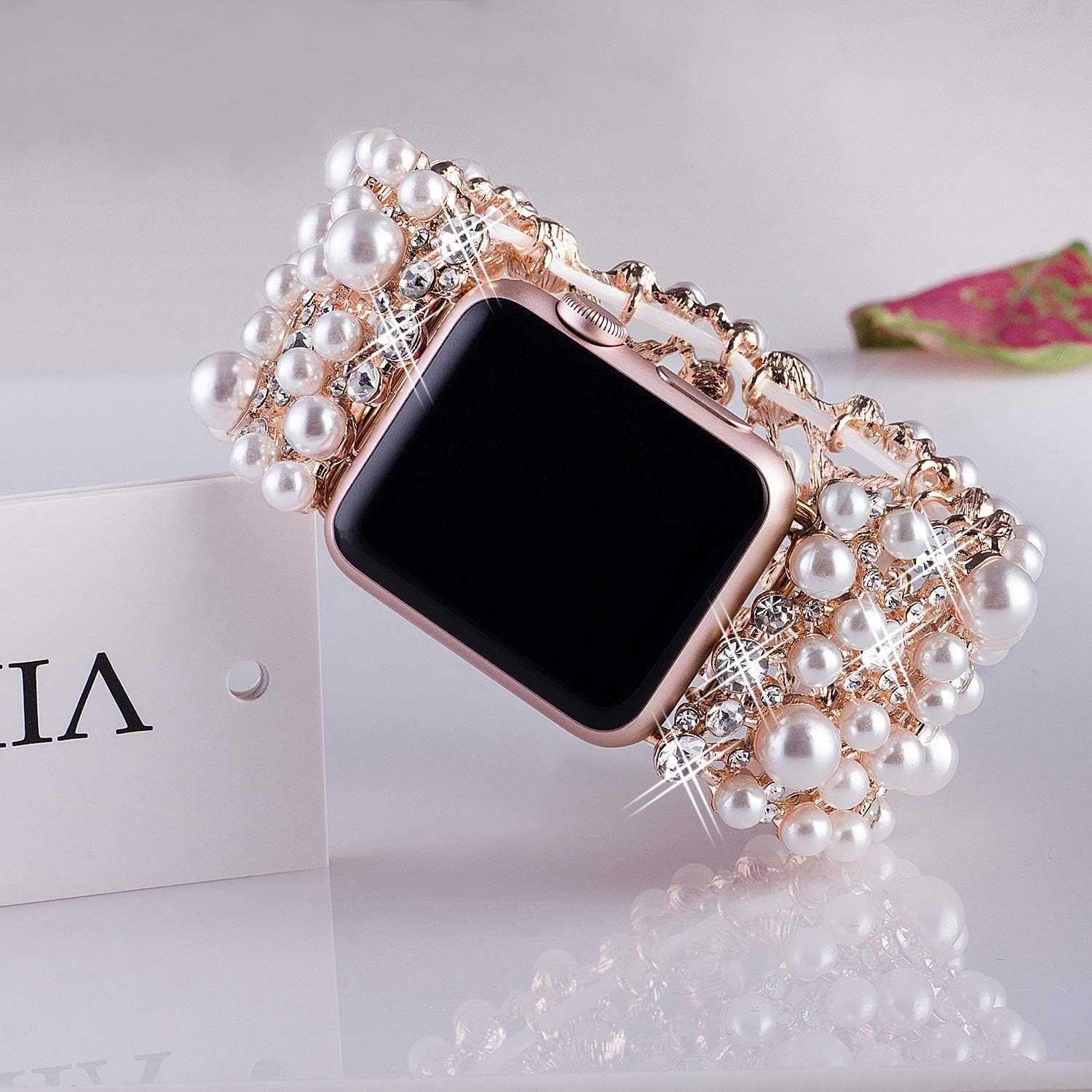 VIQIV Pearl Rhinestone Dressy Band for Apple Watch Women Stretchy Bracelet image 3