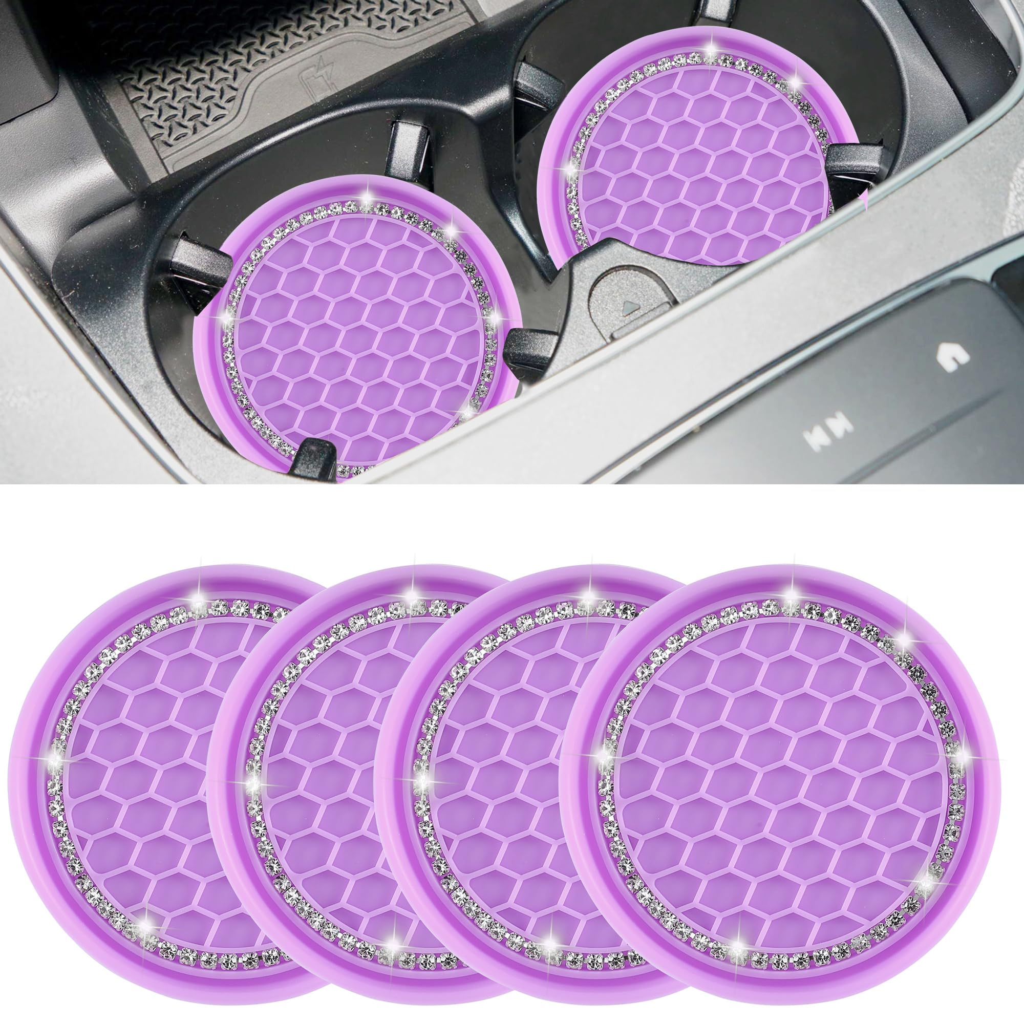 Amooca Car Cup Coaster 4 Pack Universal Non-Slip Cup Holders Insert Coasters Bling Crystal Rhinestone Car Interior Accessories Purple Grid