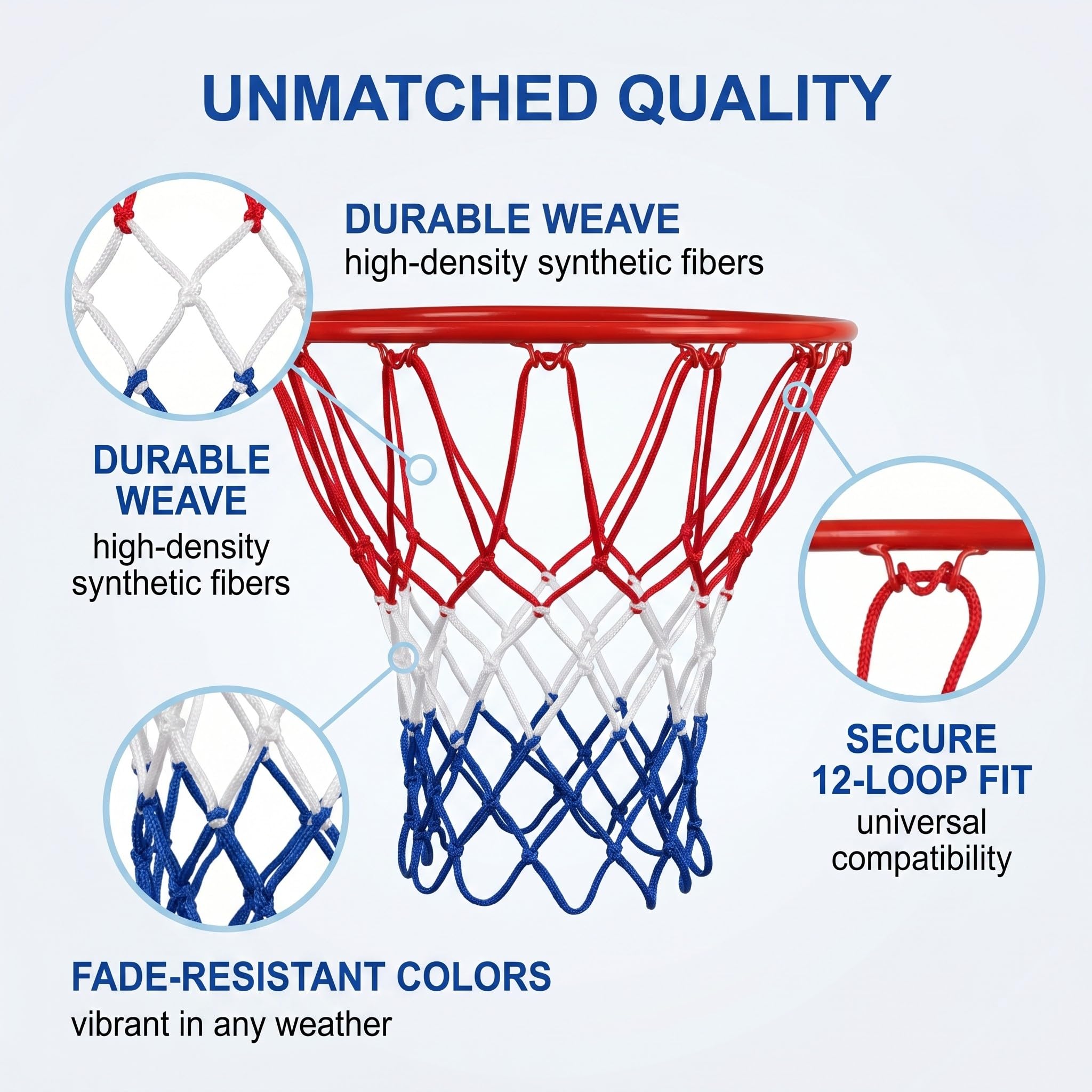 Rete da Basket 2 Pezzi, Professionale per Canestro Esterno & Interno, Anti-Strappo, Resistente Intemperie, 12 Anelli Ricambio Anti-Frusta