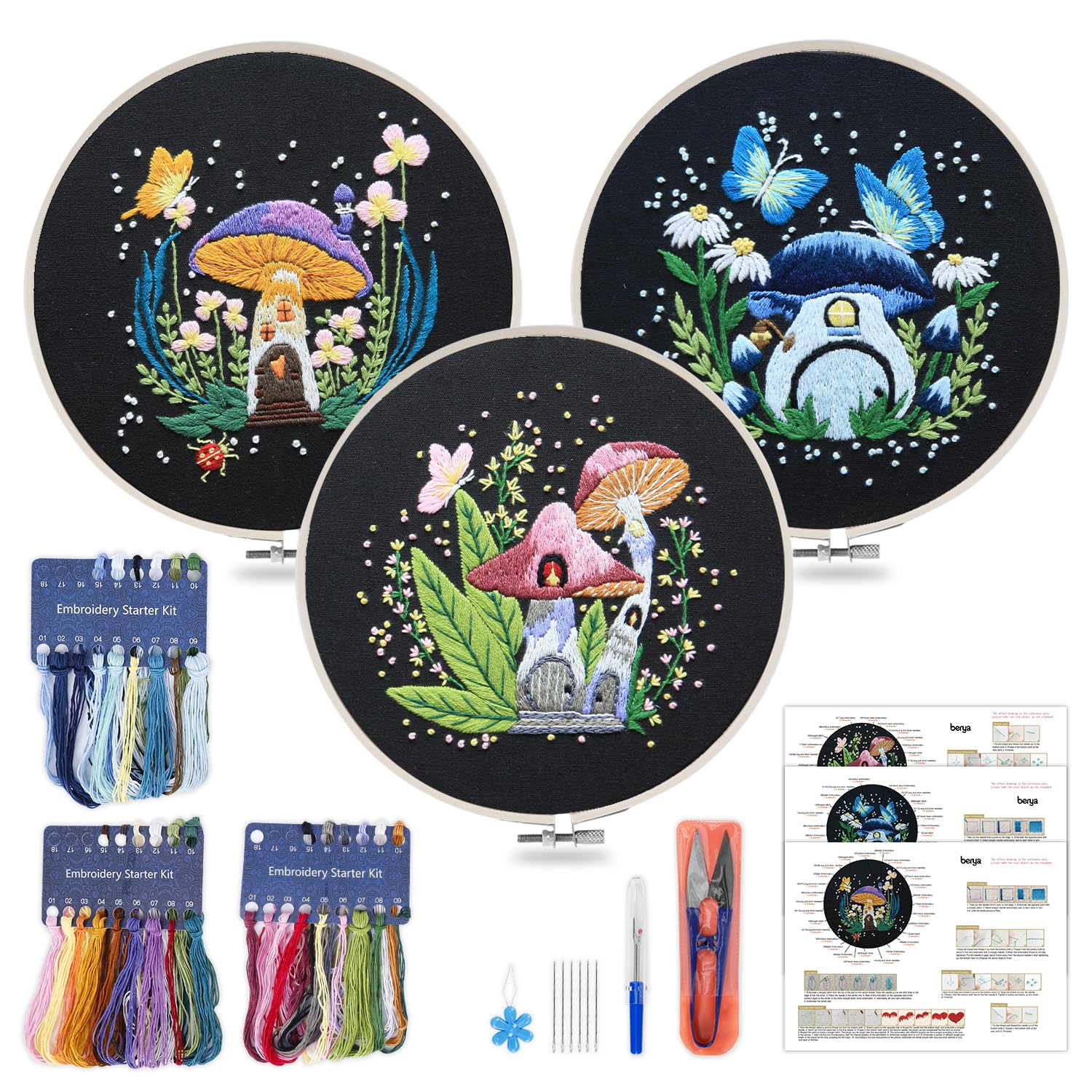 BERYA 3 Set Embroidery Kit for Beginners, Pre-Stamped Mushroom Embroidery Starter Kit with Instructions, Embroidery Hoops, Color Threads, Tools for Adults DIY Craft & Gift