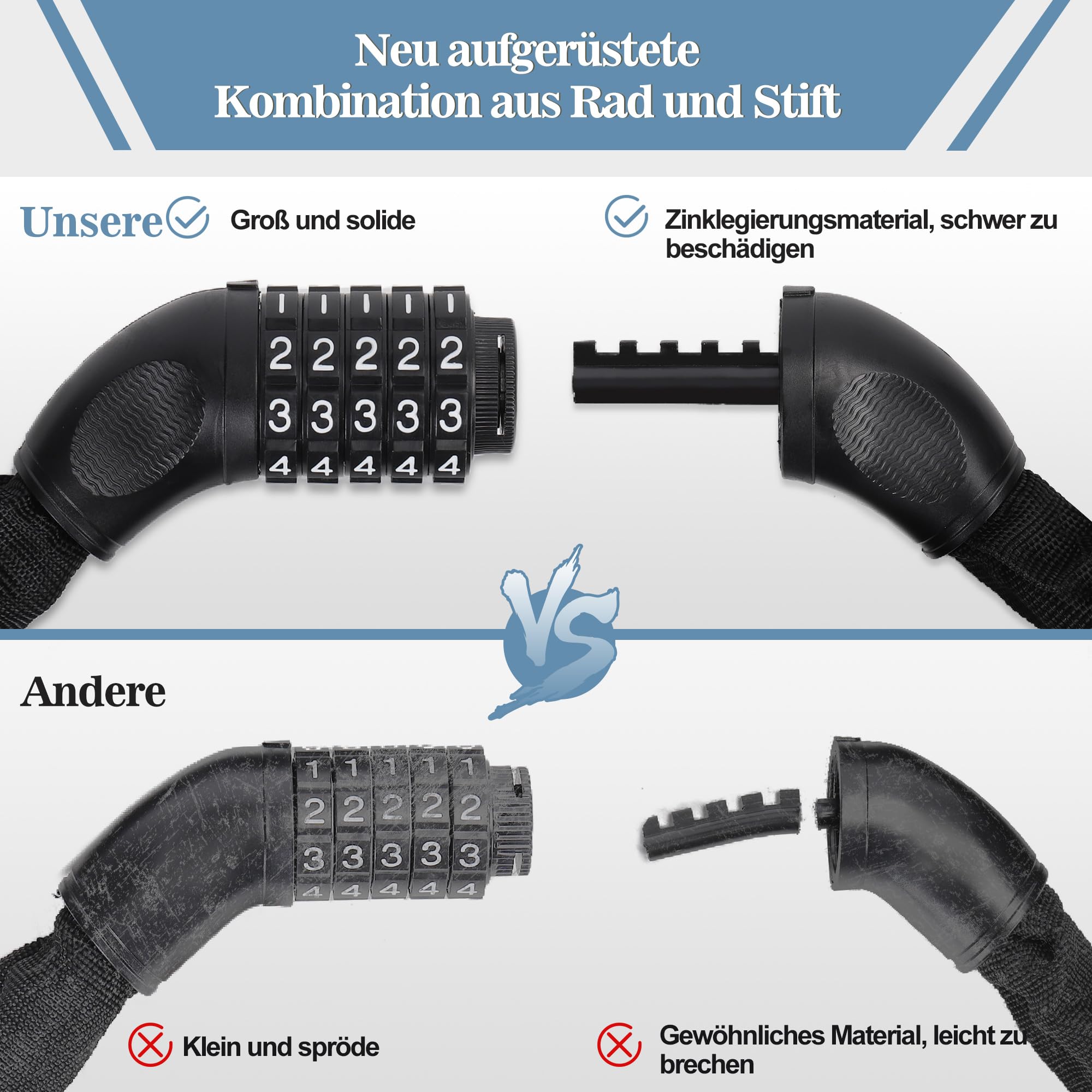 Zeleny Fahrradschloss Hohe Sicherheit, 5-Stelliger Zahlenschloss Fahrrad, Verdickte Legierung Fahrradschloss Zahlenschloss, 90cm Kettenschloss für Fahrrad, Motorrad, Scooter Sport & Freizeit