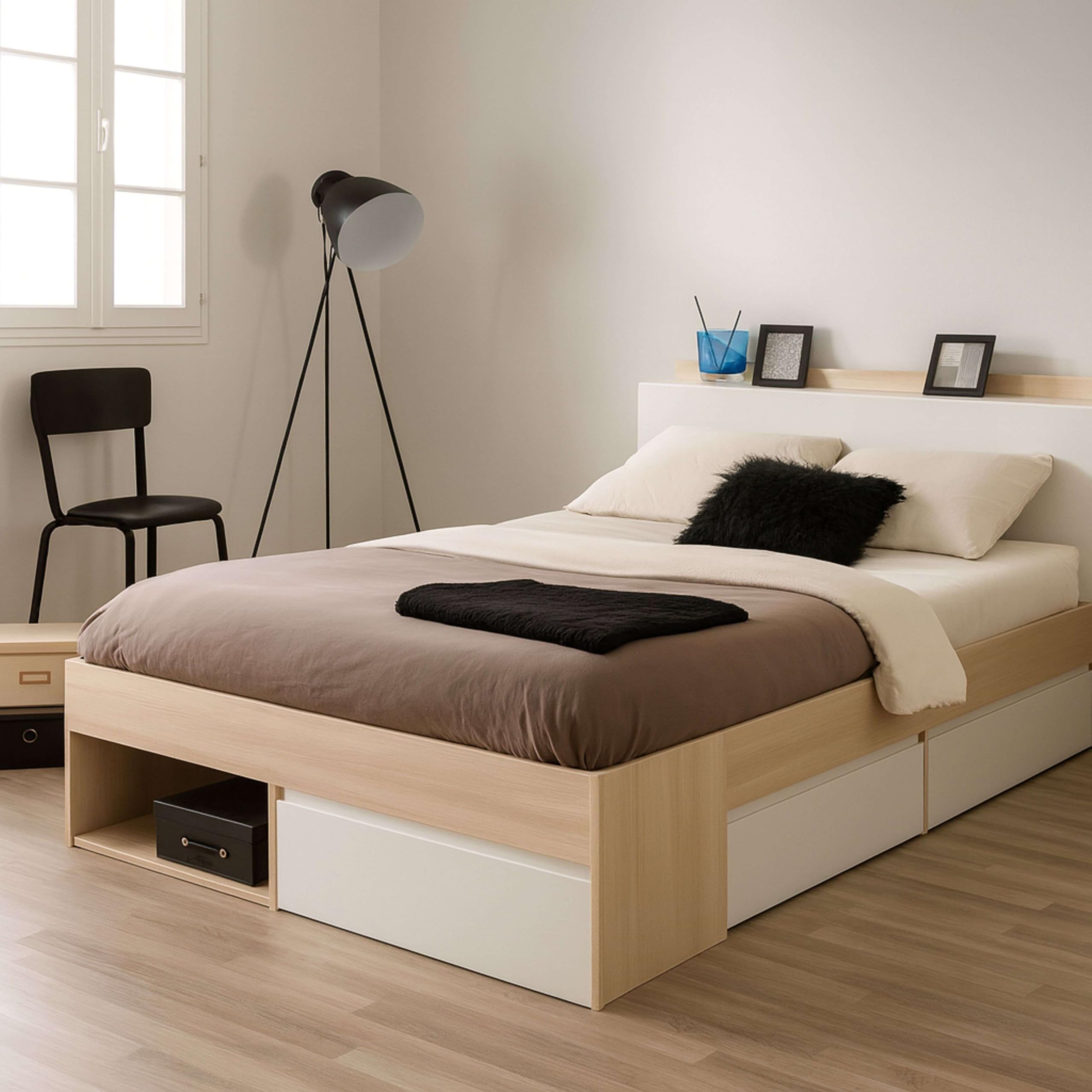 Miroytengo Cama de Matrimonio 135‑140×190/200 cm Acacia y Blanco con Almacenaje y Cajones
