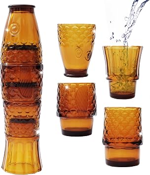 Gokotta Set of 4 | Handmade Stacking Koi Carp Fish Cocktail Glasses | Drinking Tumblers | Retro Fun Quirky Gift Present | Dinner Party Water Juice Coffee Mugs Cups | 4PCS 250ml Amber