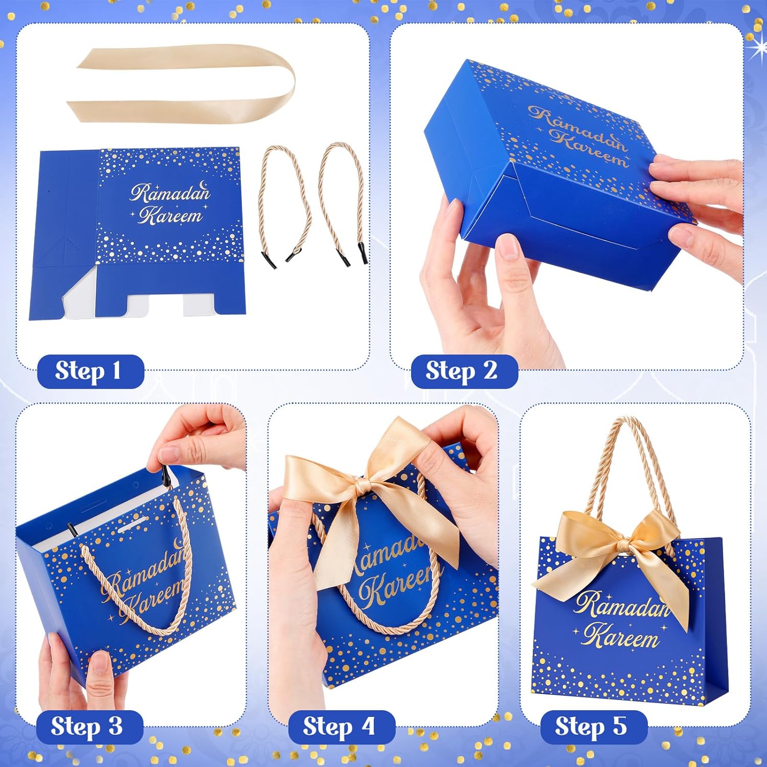 Glenmal 30 Pcs 5.51x2.36x4.72'' Ramadan Gift Bags Ramadan Mubarak Blue Paper Party Bags Eid Mubarak Treat Goodie Bag with Handle and Ribbon for Ramadans Kareem Eid Mubarak's Party Supplies - Image 3