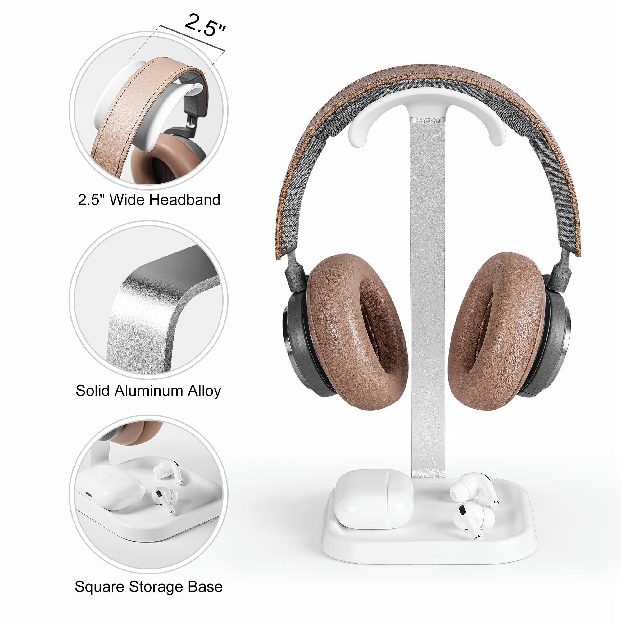 Supporto Per Cuffie Con Vassoio - Stand Curvo Per AirPods Max, Beats, Bose | Bianco, Base Stabilizzante - Foto 4