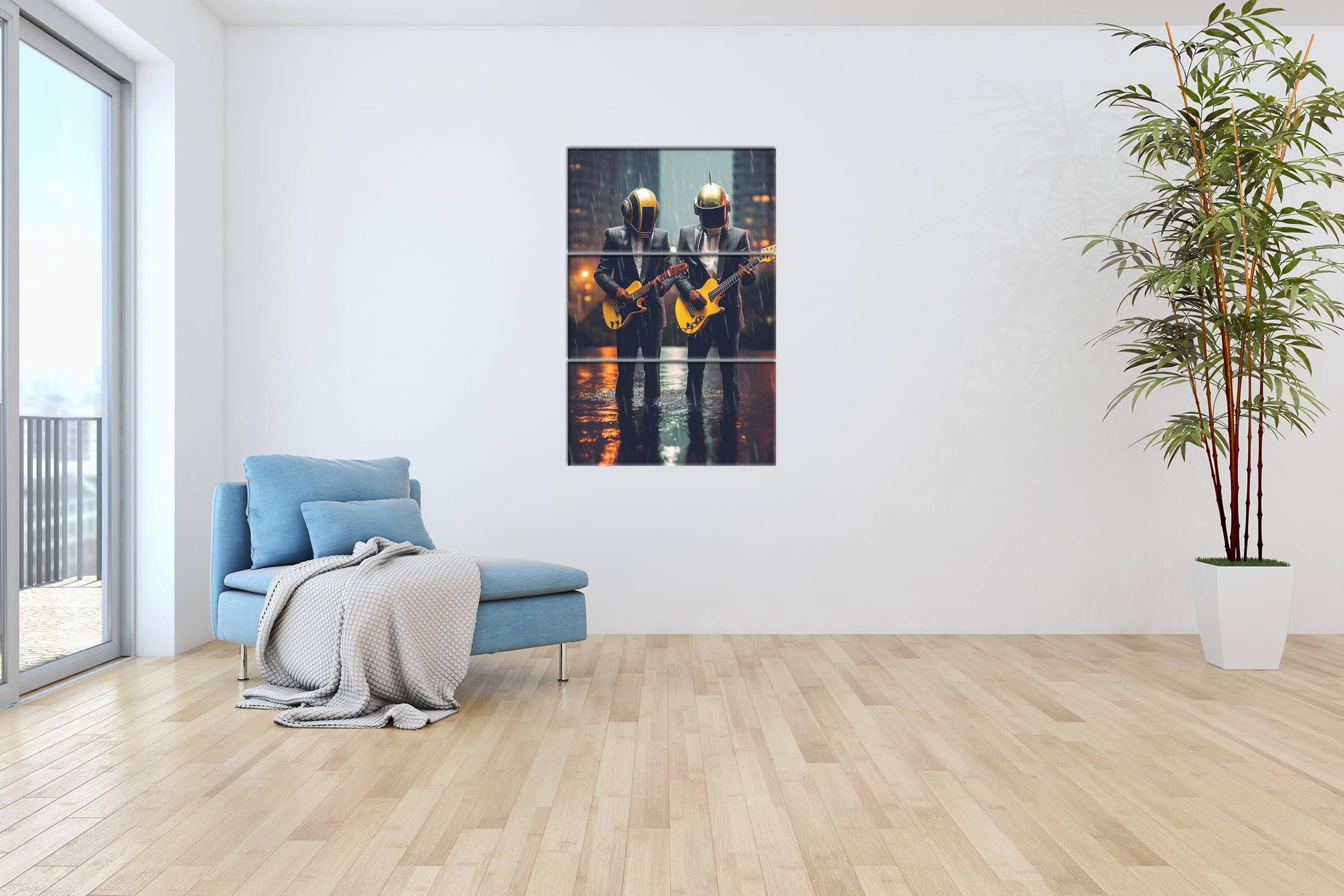 deyoli Musicisti futuristici: eleganza ed elettronica sotto la pioggia. Dimensioni: 120 x 80 cm (3 pezzi) Stampa artistica XXL su cornice in legno/pittura su tela/pittura da parete/decorazione del