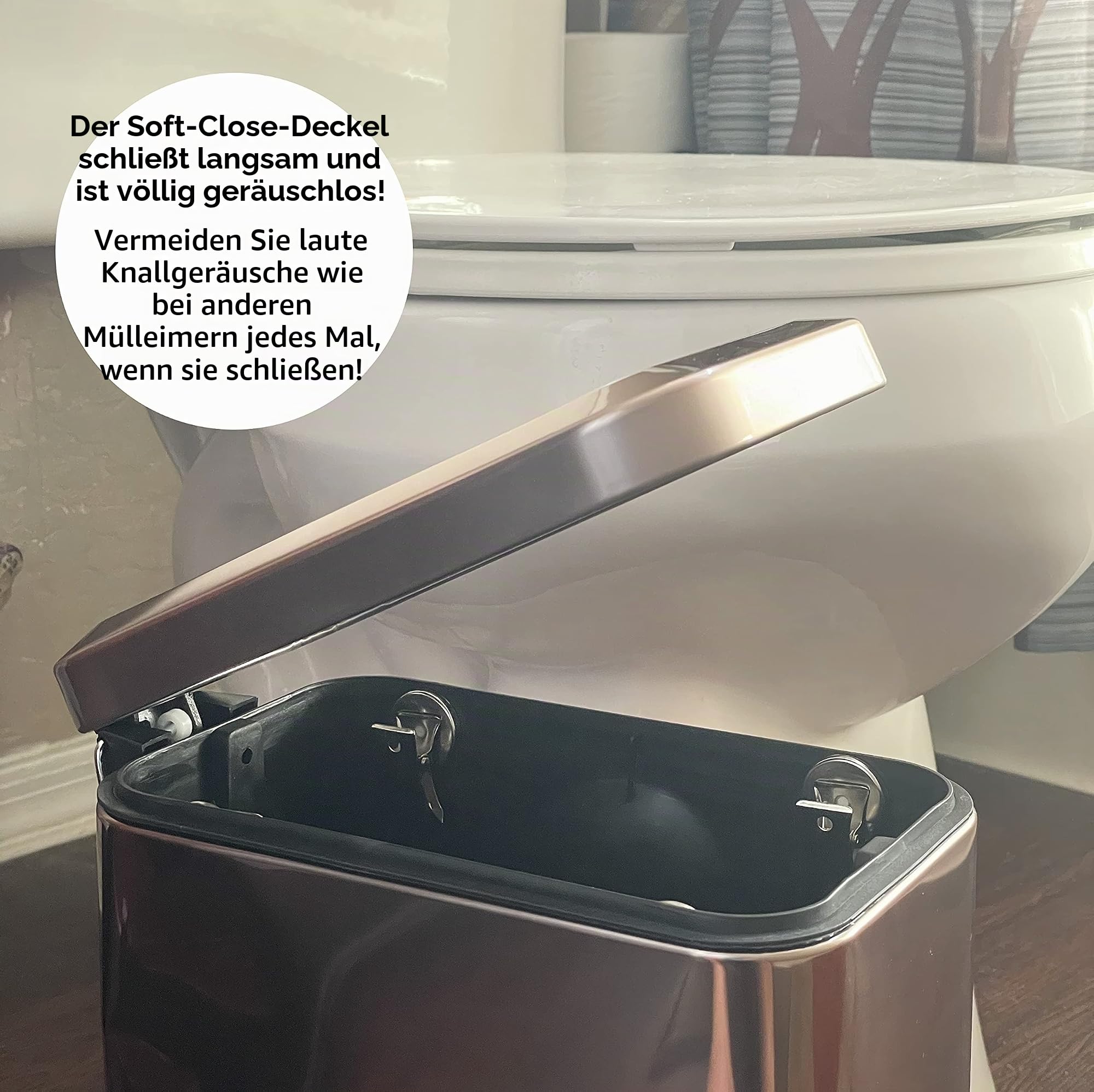 Homie Soft Close, rechteckiger Abfalleimer 5L mit Anti-Bag Slip Liner und Deckel, Verwendung als Mini-Mülleimer, schlanker Staubeimer oder Dekor im Badezimmer (Roségold)