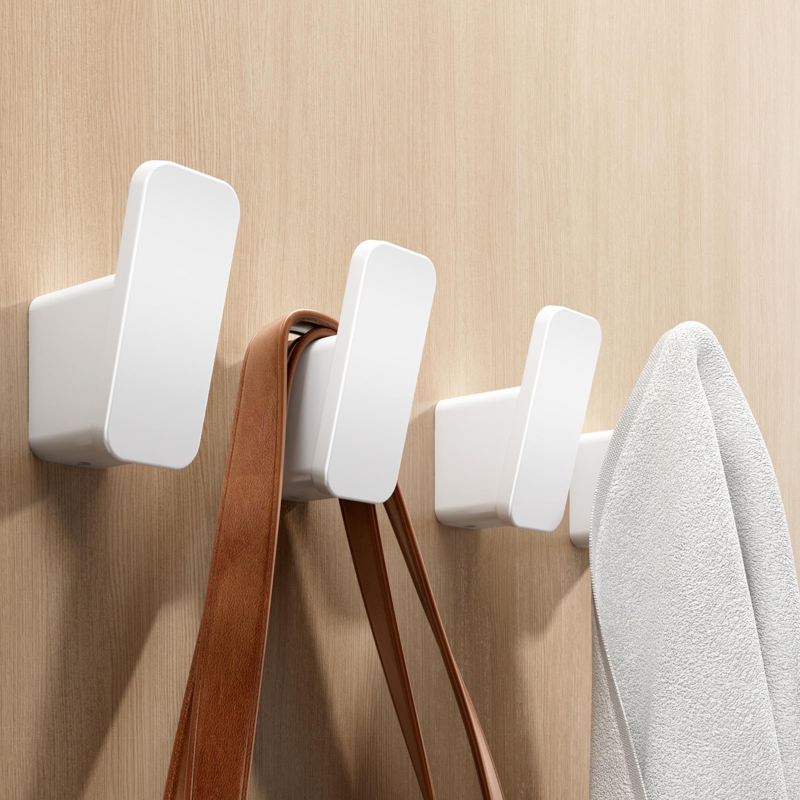 RIVAMBER 4 Pack White Towel Hooks Bathroom, Robe Coat Hanger, Wall Hooks for Hanging Bag Hat Mudroom Bedroom Kitchen, Adhesive with Heavy Duty Glue or Mount with Screw, Aluminum Holder Outdoor