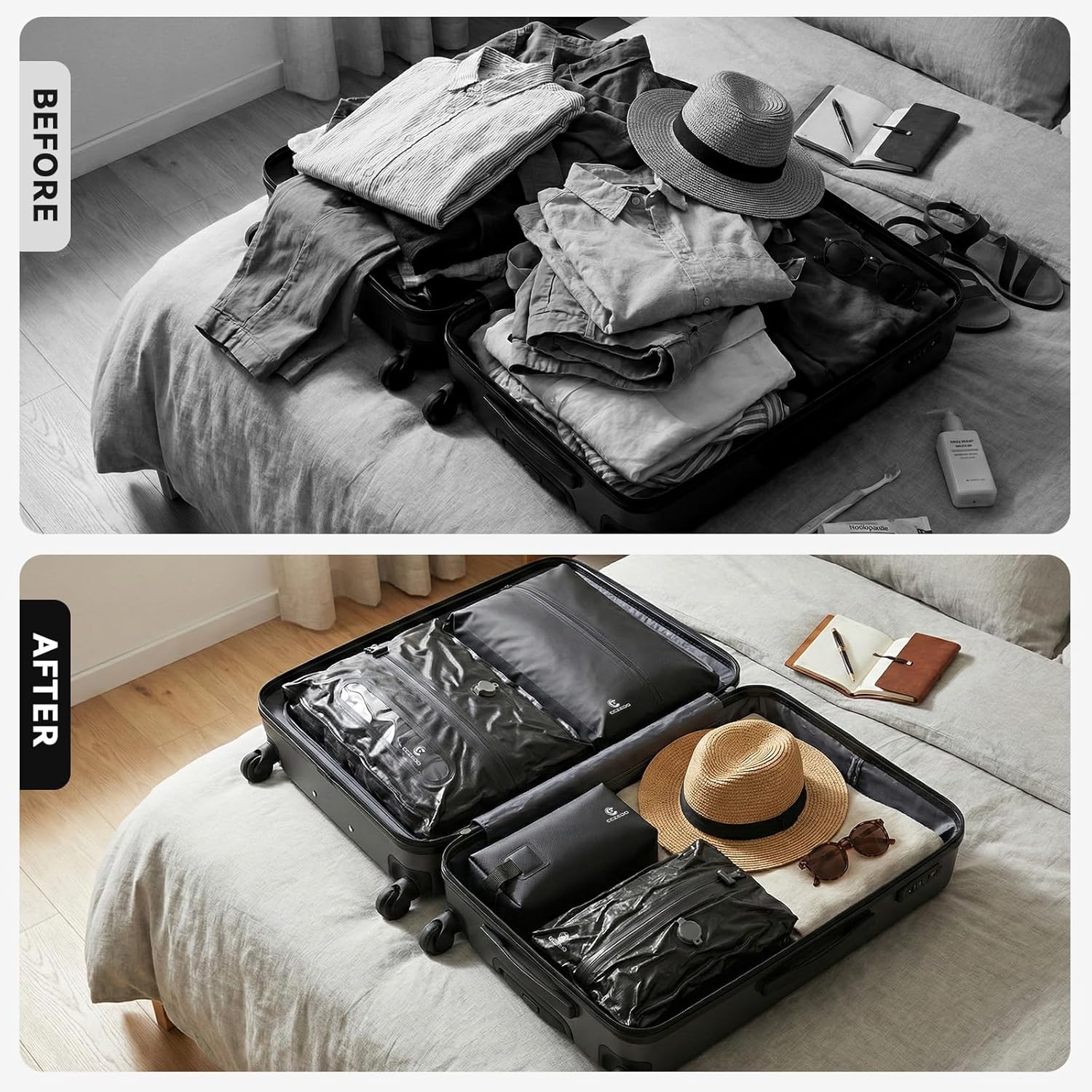 Vacuum Compression Packing Cubes with Electric Pump, 4-Pack Travel Organizer Set, Waterproof Packing Cubes with Airtight Zipper, Space-Saving for Carry-On, Clothes, Shoes & Toiletries