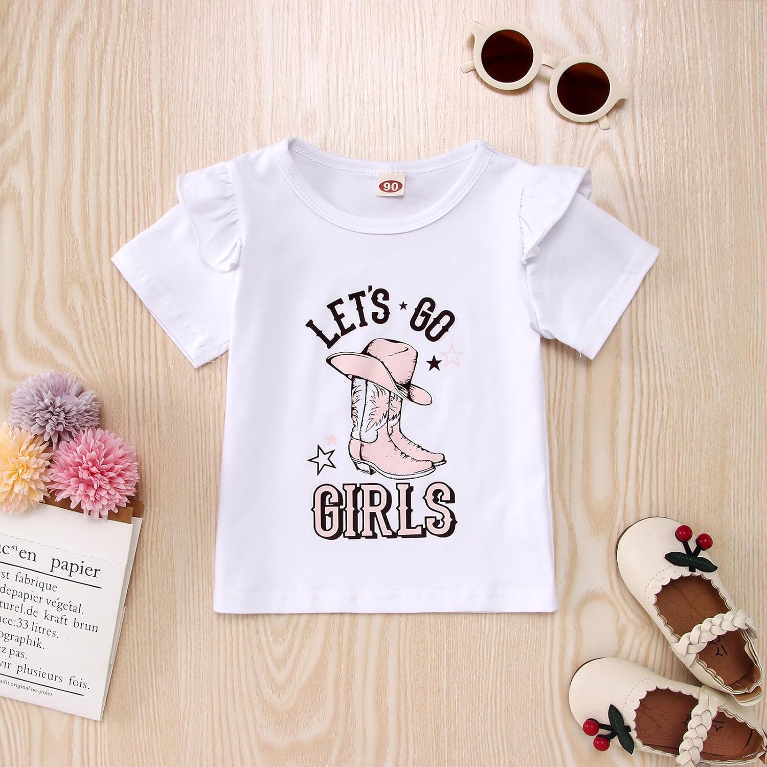 CM C&M WODRO Toddler Baby Girl Bell Bottom Outfits Western Cowgirl Flying Sleeve T Shirt + Boho Flared Bell Bottom Pants - Image 2
